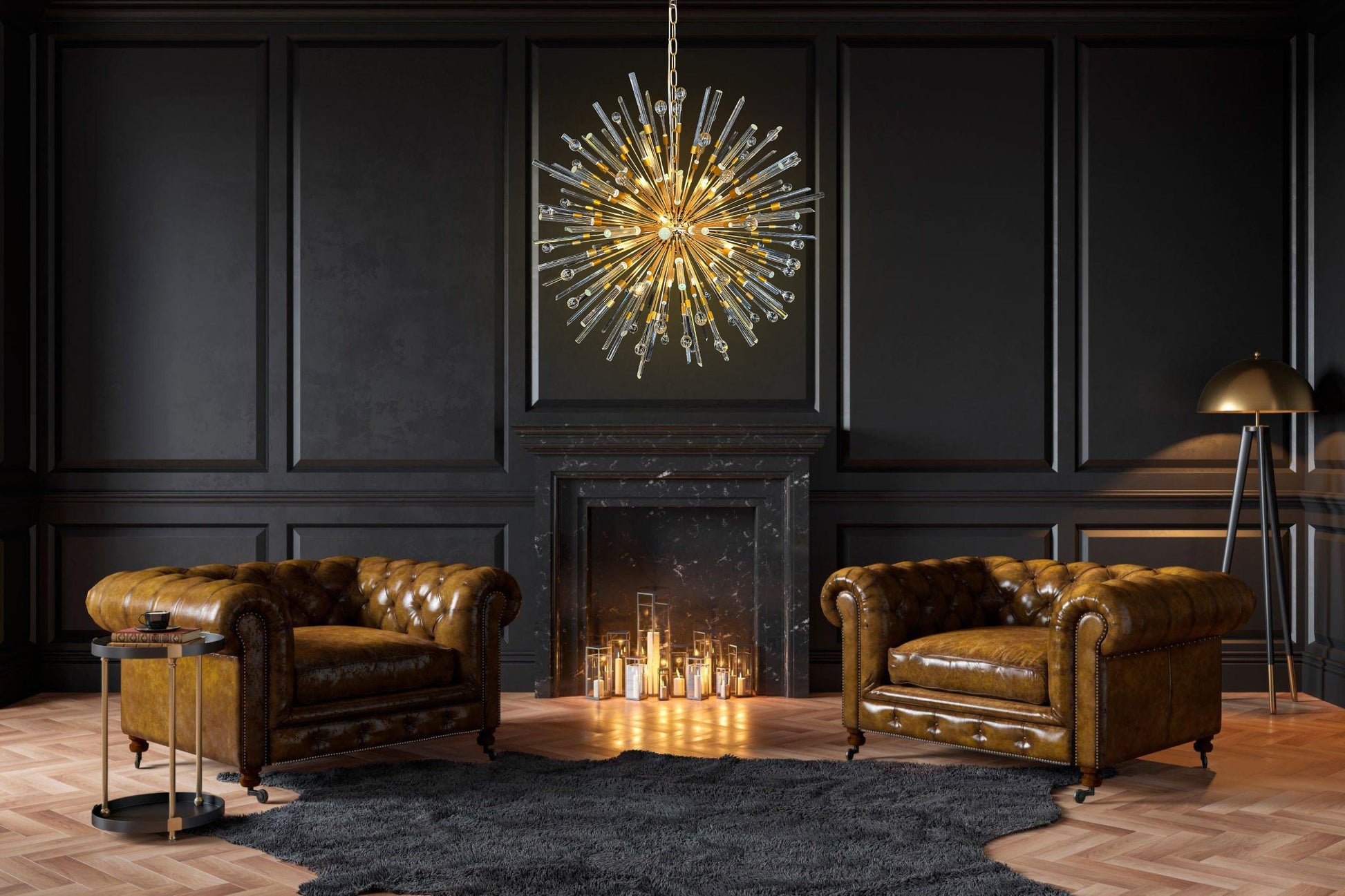 Modern gold glass chandelier adding elegance to contemporary décor.