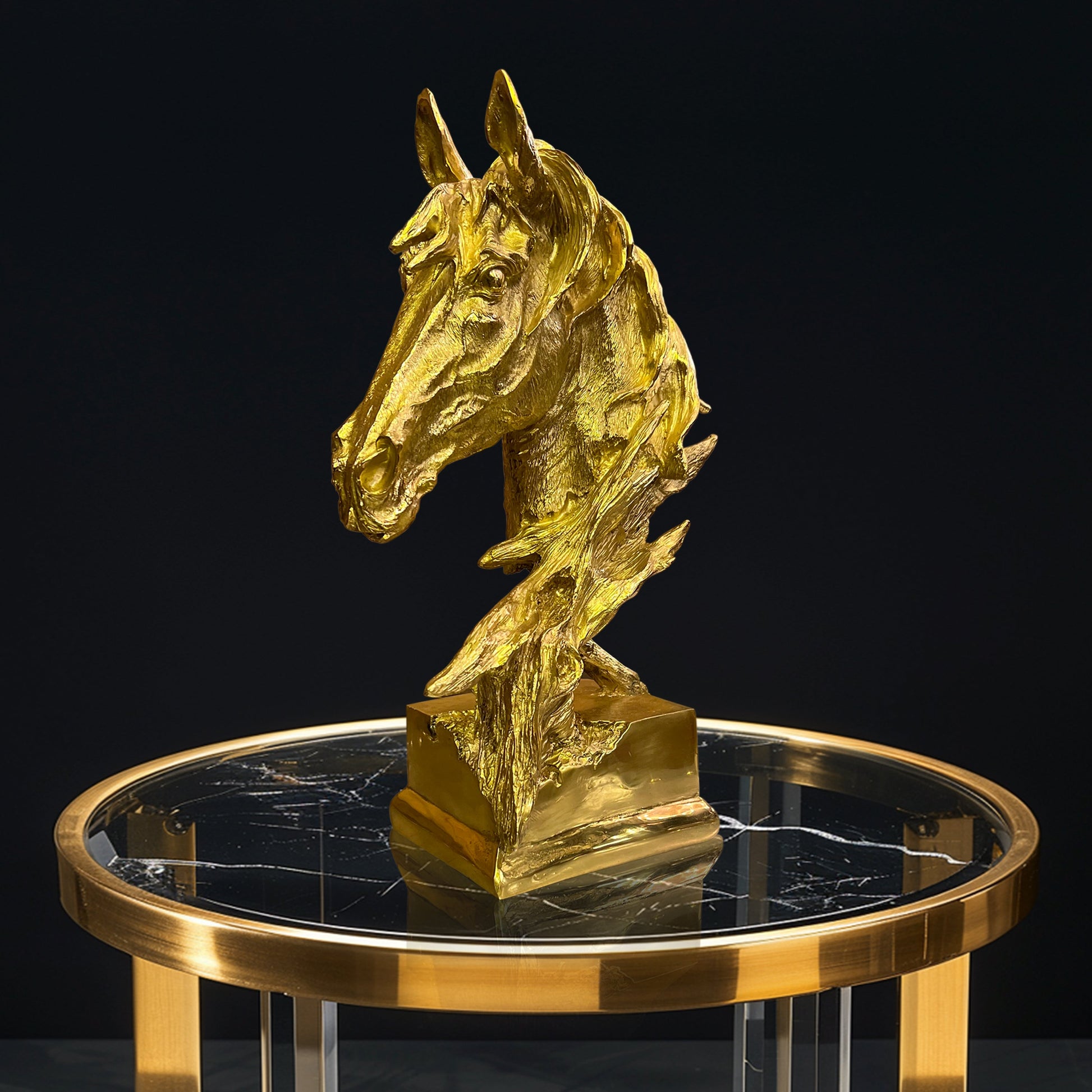  Equestrian style solid brass horse head sculpture displayed as a statement piece for office or home decor.