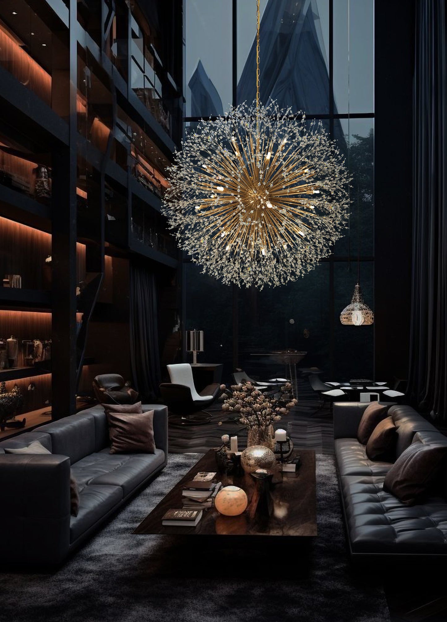 Elegant gold crystal chandelier lighting large modern office interior