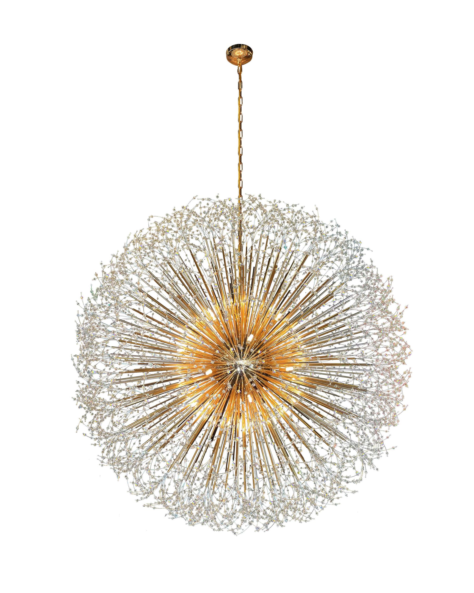 Golden crystal chandelier radiating warm 2700K glow from dimmable bulbs