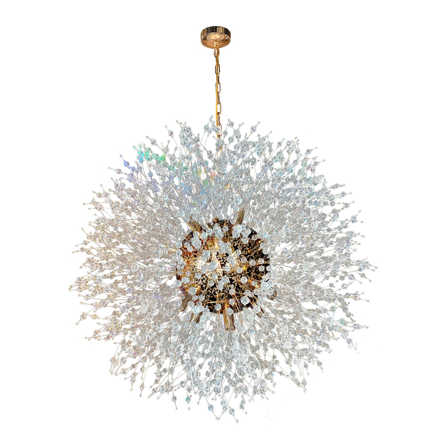 Gold starburst chandelier suspended with adjustable chain in modern interior