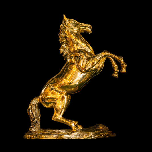 * A magnificent 59 lb handcrafted Italian solid brass rearing horse sculpture featuring a protective lacquer finish for a lasting shine.