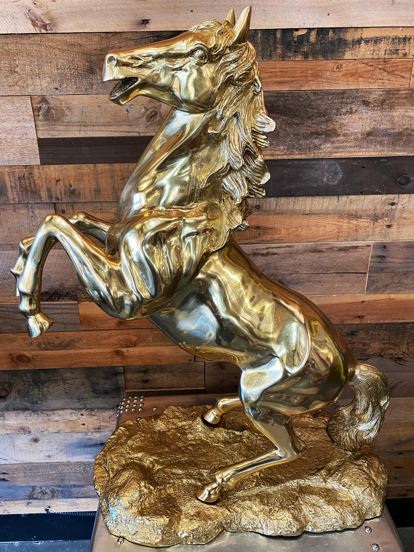 Exquisite Italian handcrafted brass equestrian sculpture with a protective finish to prevent tarnishing over time.