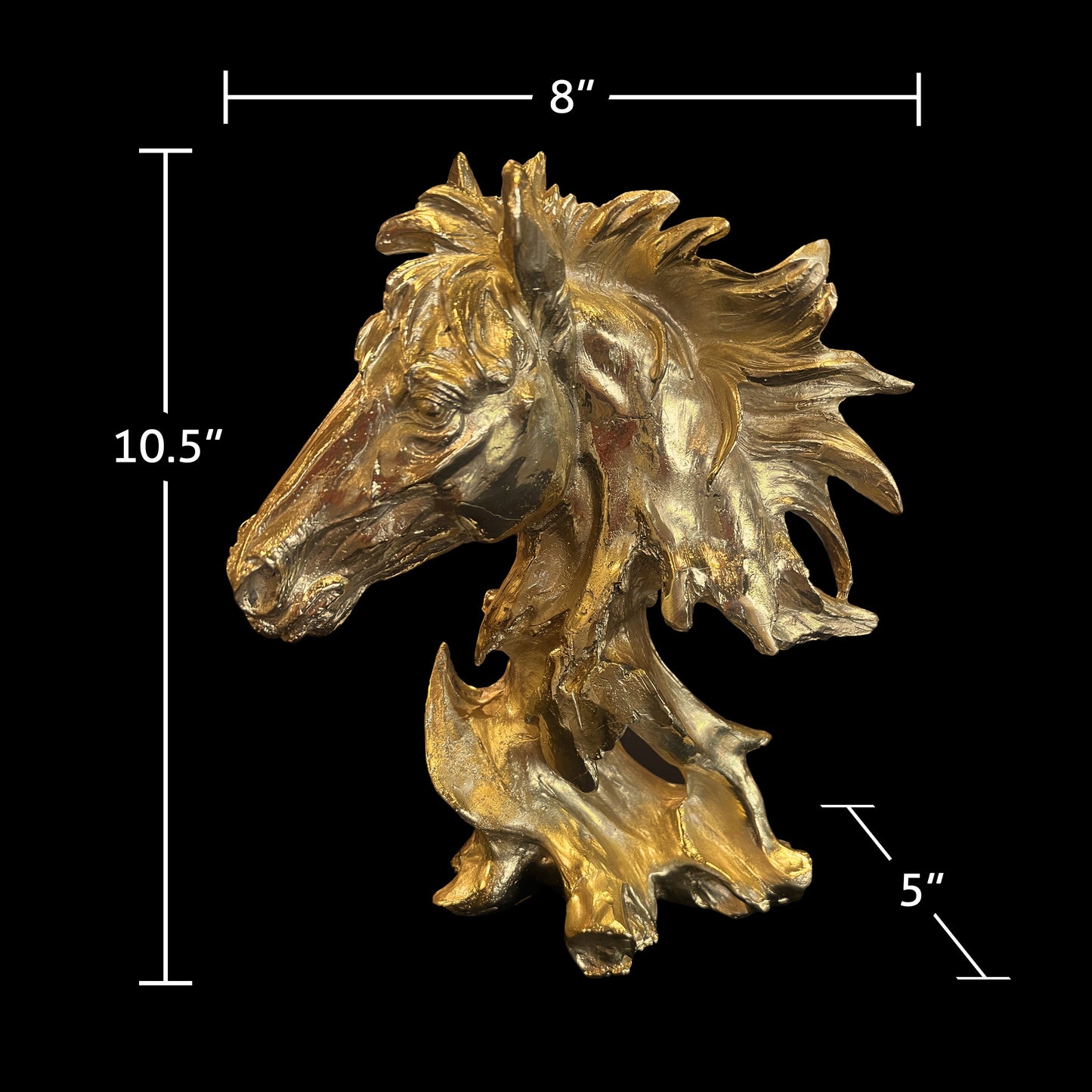 Dimension chart for the brass horse head: 10.5 inches height, 8 inches depth, and 5 inches width.