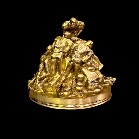Professional handcrafted Italian solid brass sculpture depicting American football players in action with a gold finish.