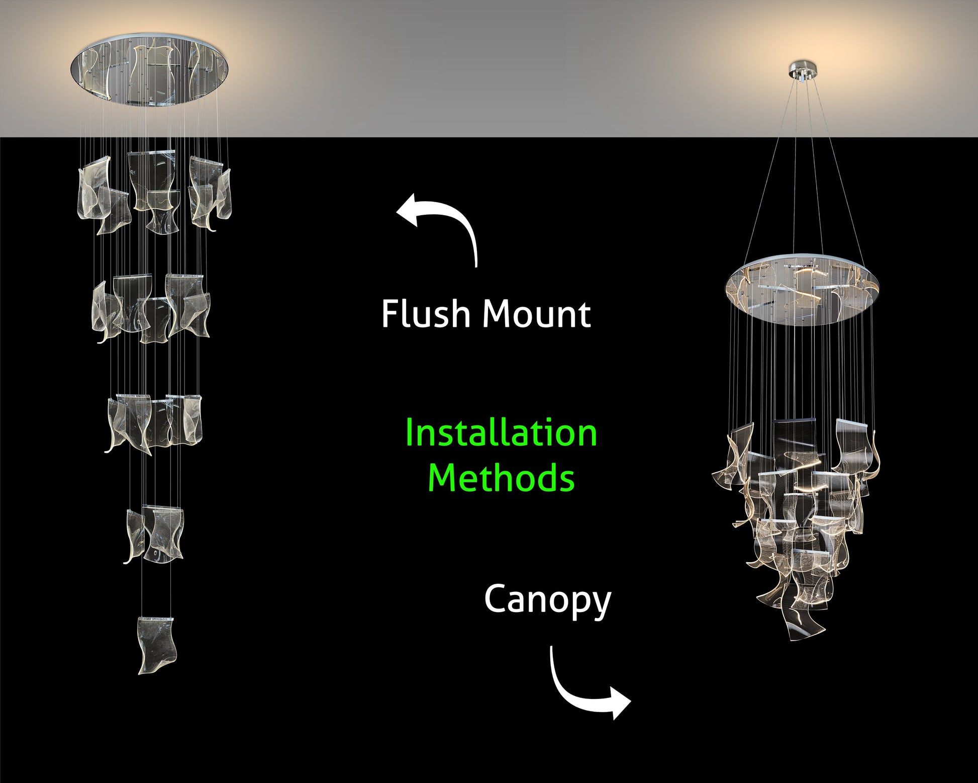 Installation methods showing flush mount and canopy options for the adjustable dimmable LED wave chandelier.
