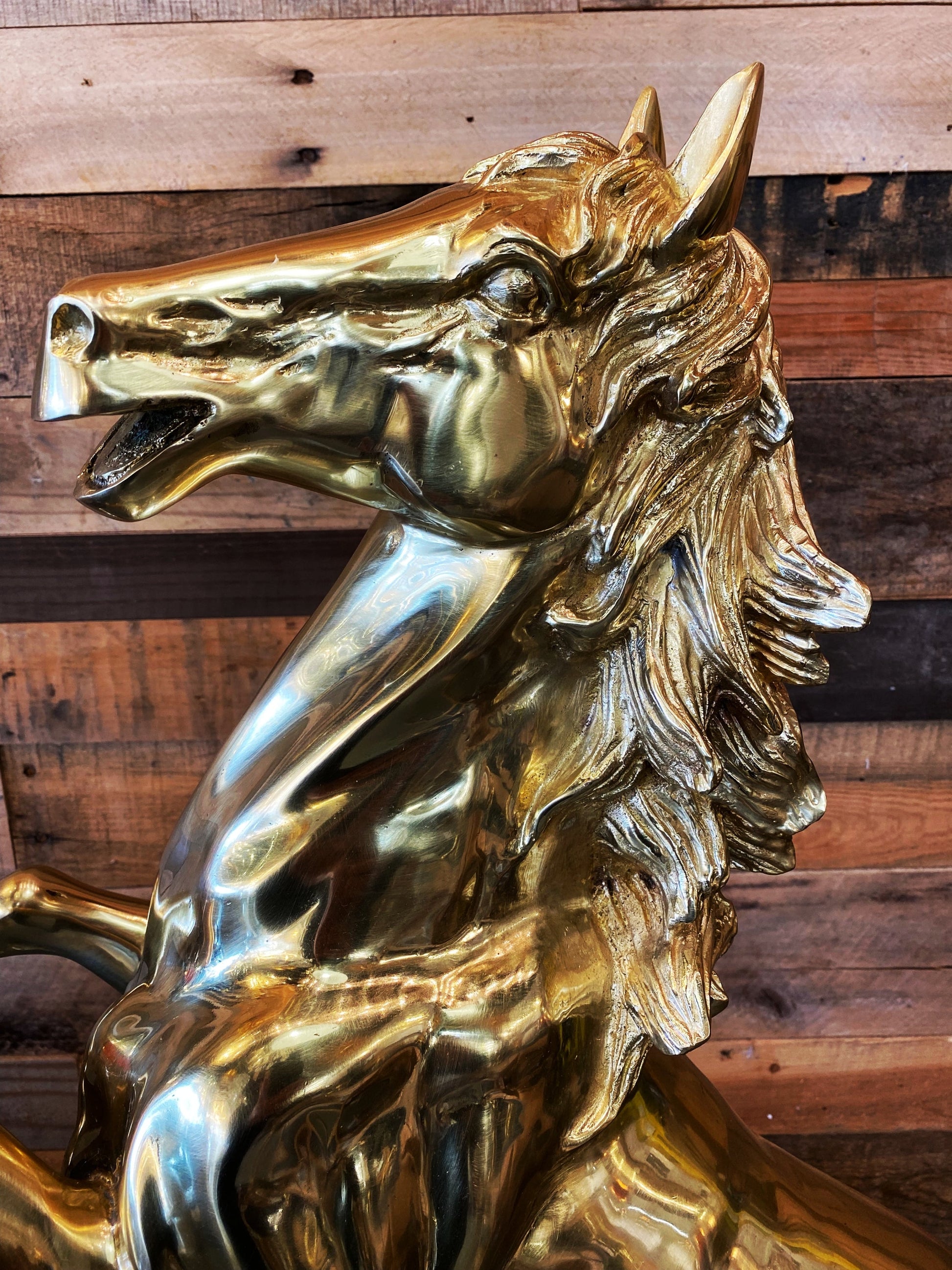 A detailed profile of the horse's head, showing the stunning artistry and the protective lacquer shine.