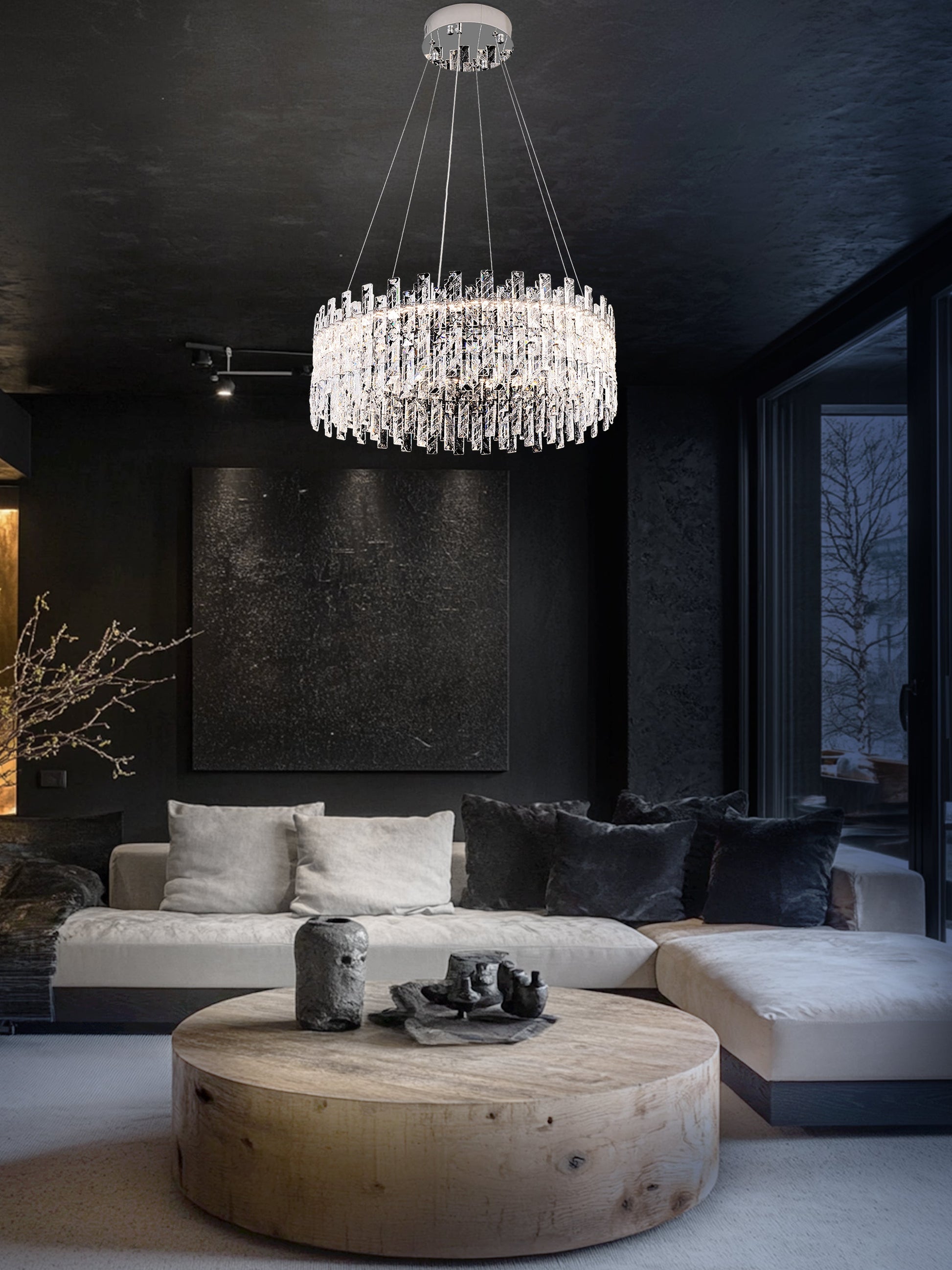 Designer crystal pendant light enhancing upscale contemporary interiors
