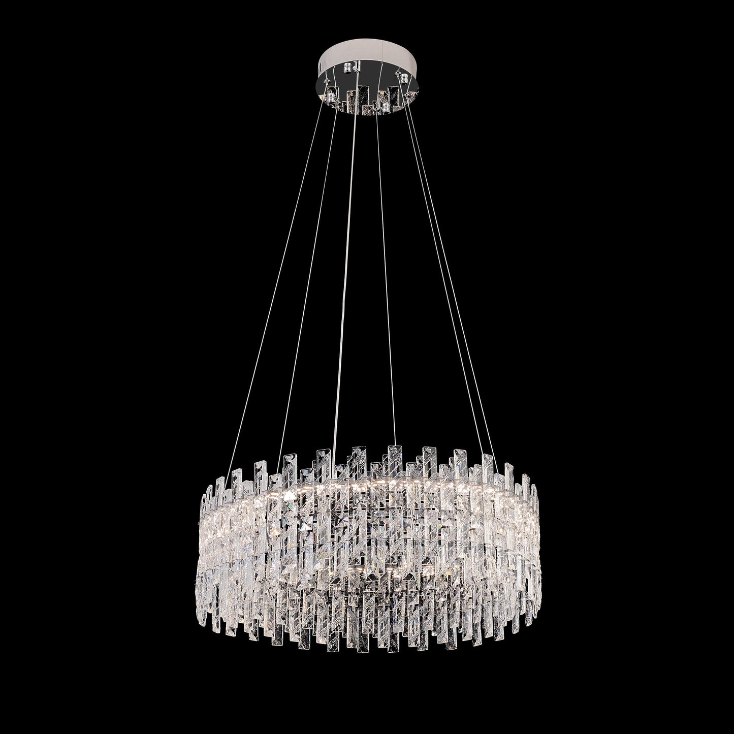 A modern crystal LED chandelier with a chrome finish and adjustable hanging cables, featuring a circular light fixture with crystals attached.