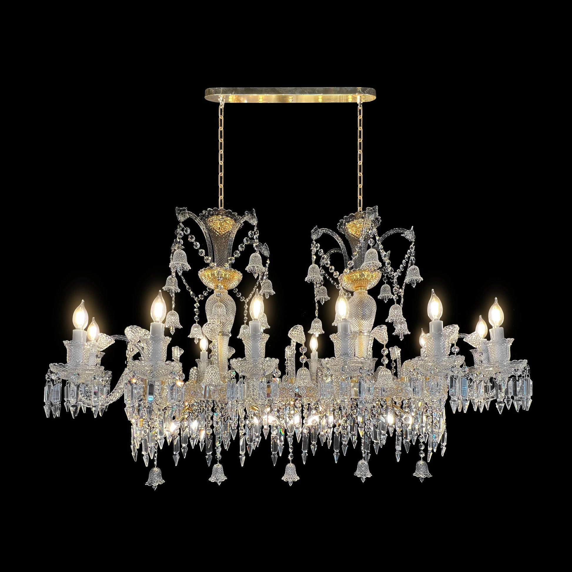 Luxury Baccarat style gold crystal chandelier with handcrafted glass arms and 18 lights, elegant rectangular empire design.