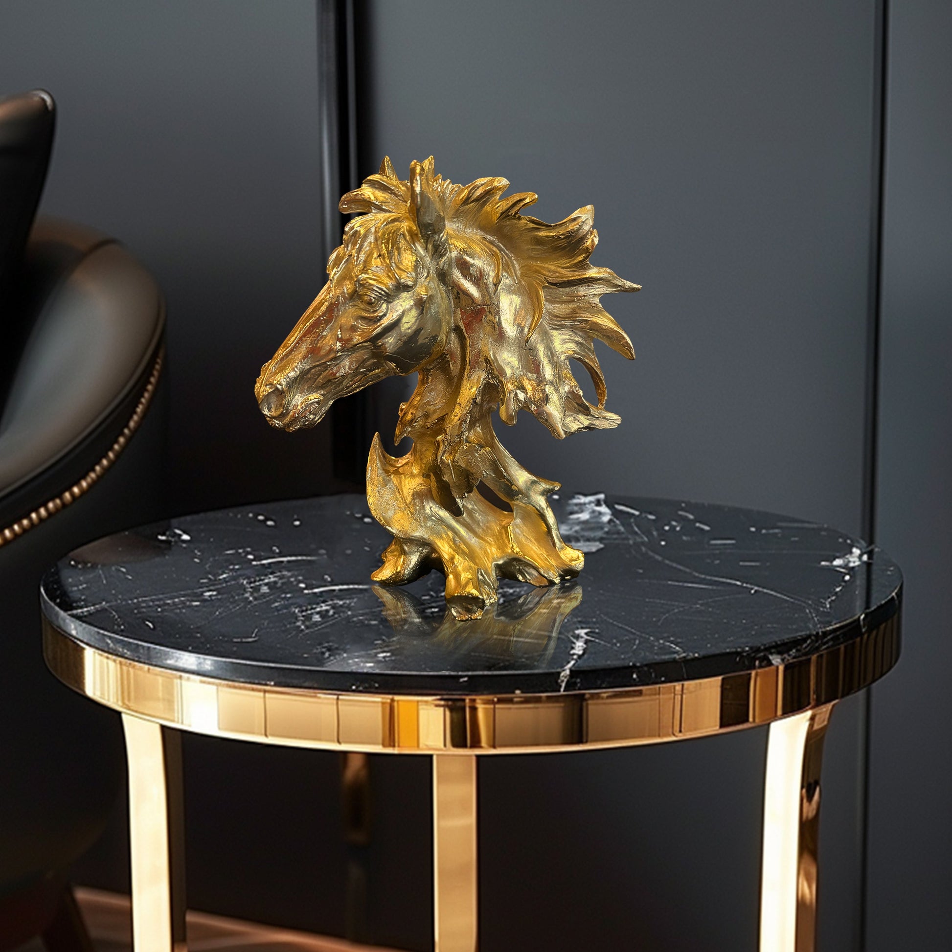 Luxury solid brass horse head sculpture displayed on a marble table for home decor.