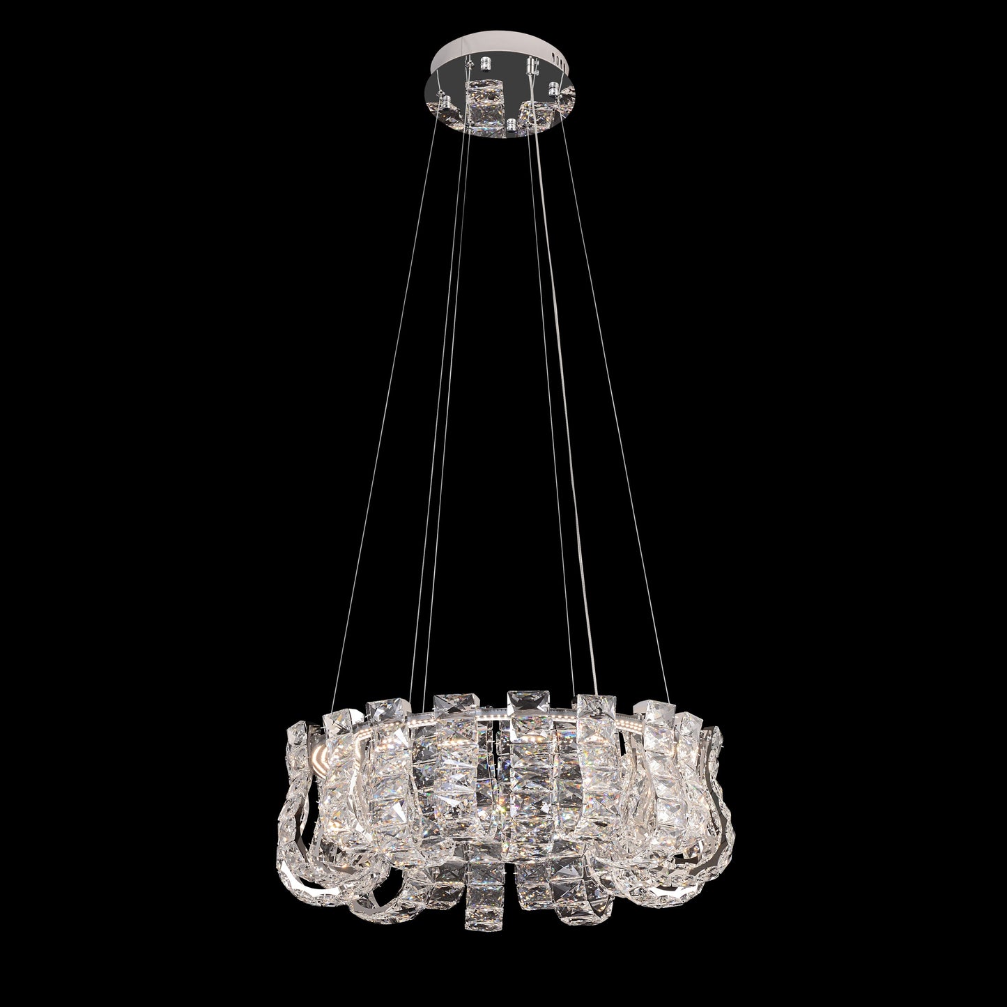 A contemporary chrome-finished crystal LED chandelier with a round shape, featuring adjustable cables and a dimmable light setting, displayed against a black background.