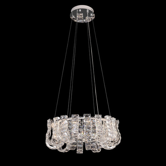 A contemporary chrome-finished crystal LED chandelier with a round shape, featuring adjustable cables and a dimmable light setting, displayed against a black background.