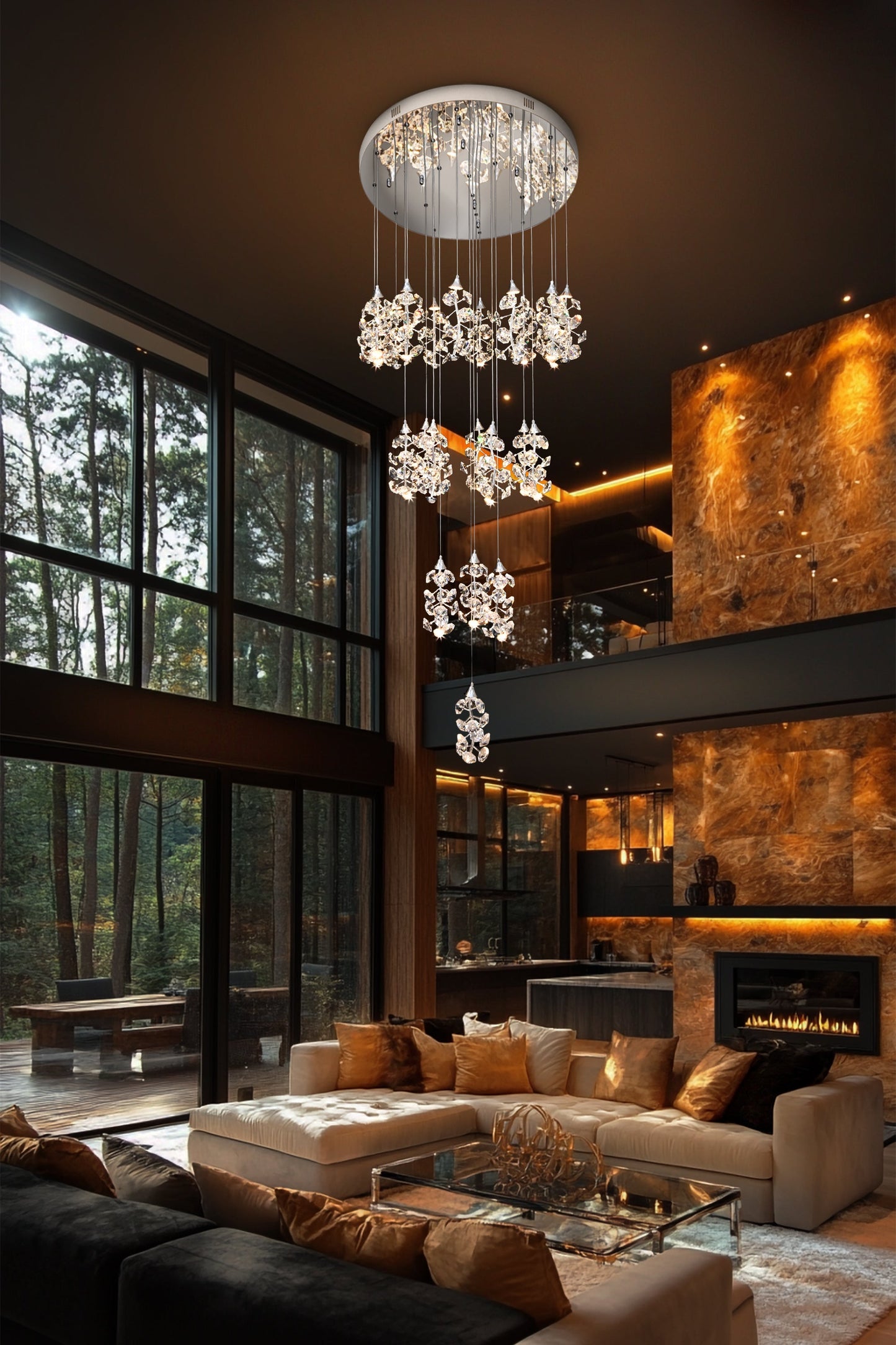 Alt Text:
Luxury 23-light cascading LED crystal chandelier installed in high ceiling living room