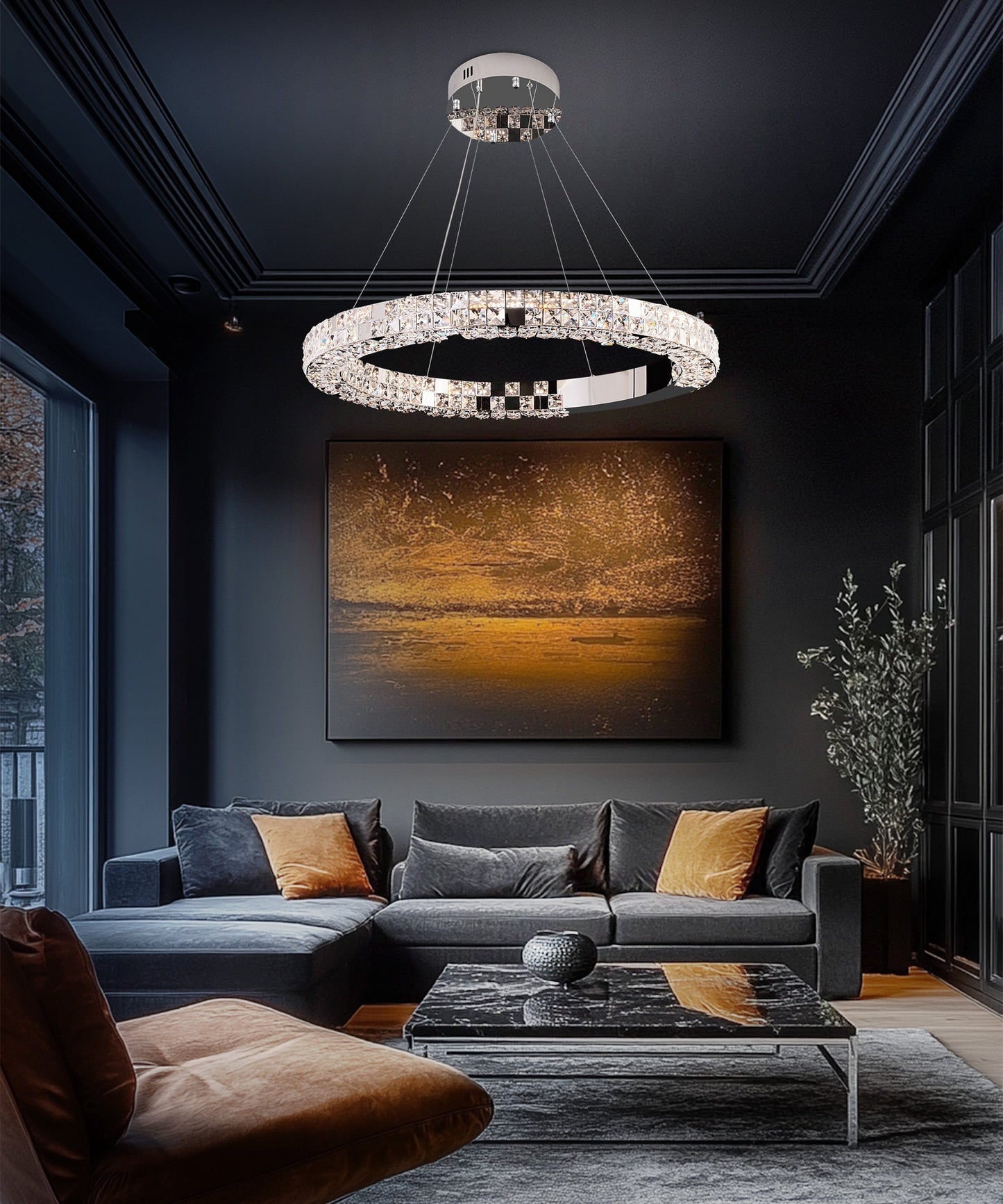 Luxury crystal LED ring chandelier lighting a contemporary dark living room interior