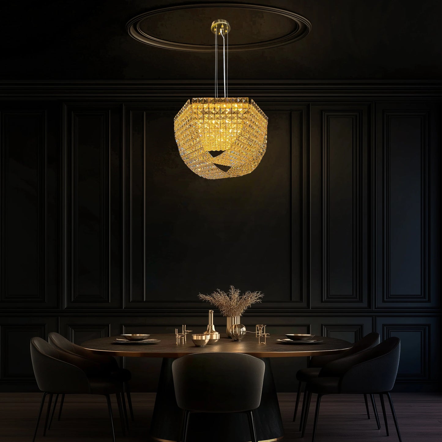 Sophisticated square crystal chandelier hanging above a dining table in a dark-themed interior.