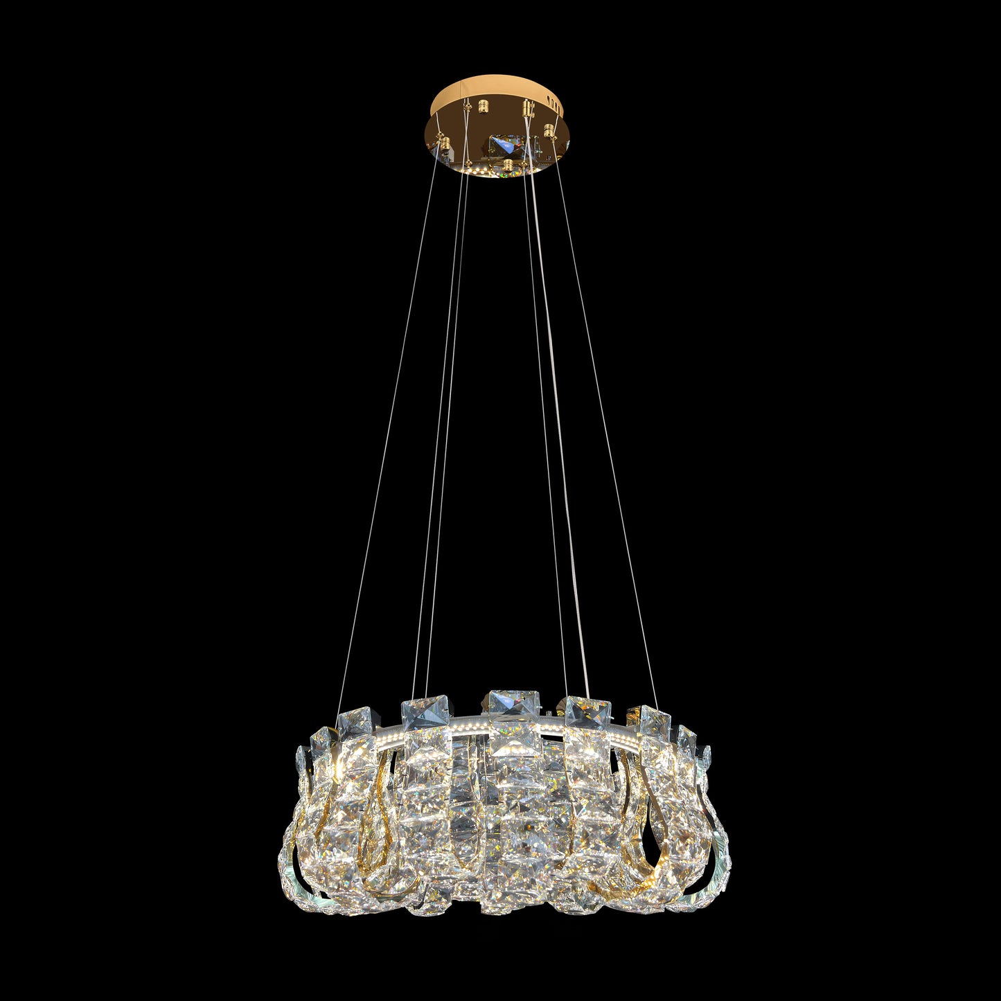 luxury 23-inch gold crystal LED chandelier on black background showing full round pendant design
