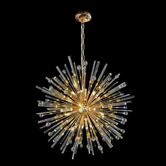 Luxury gold glass pendant chandelier with radiant glow and modern elegance.