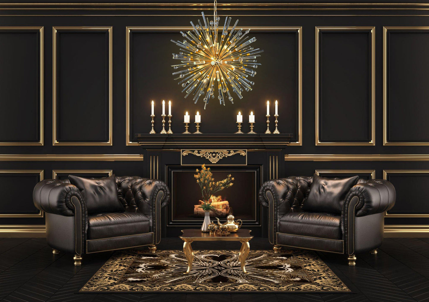 Luxury gold chandelier featured in sophisticated office room setting