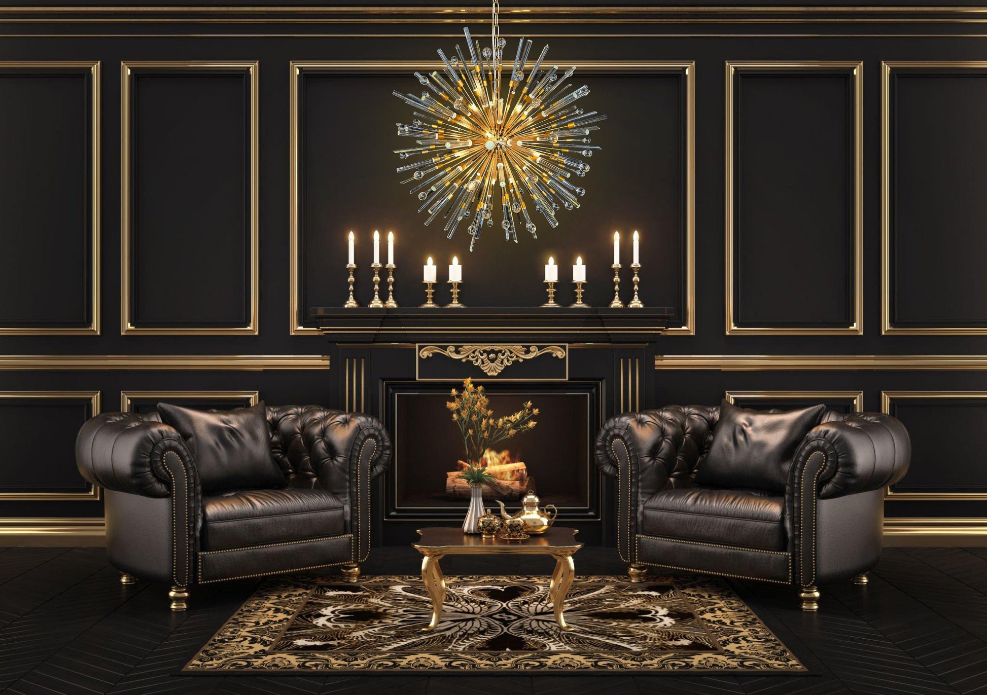 Luxury gold chandelier featured in sophisticated office room setting