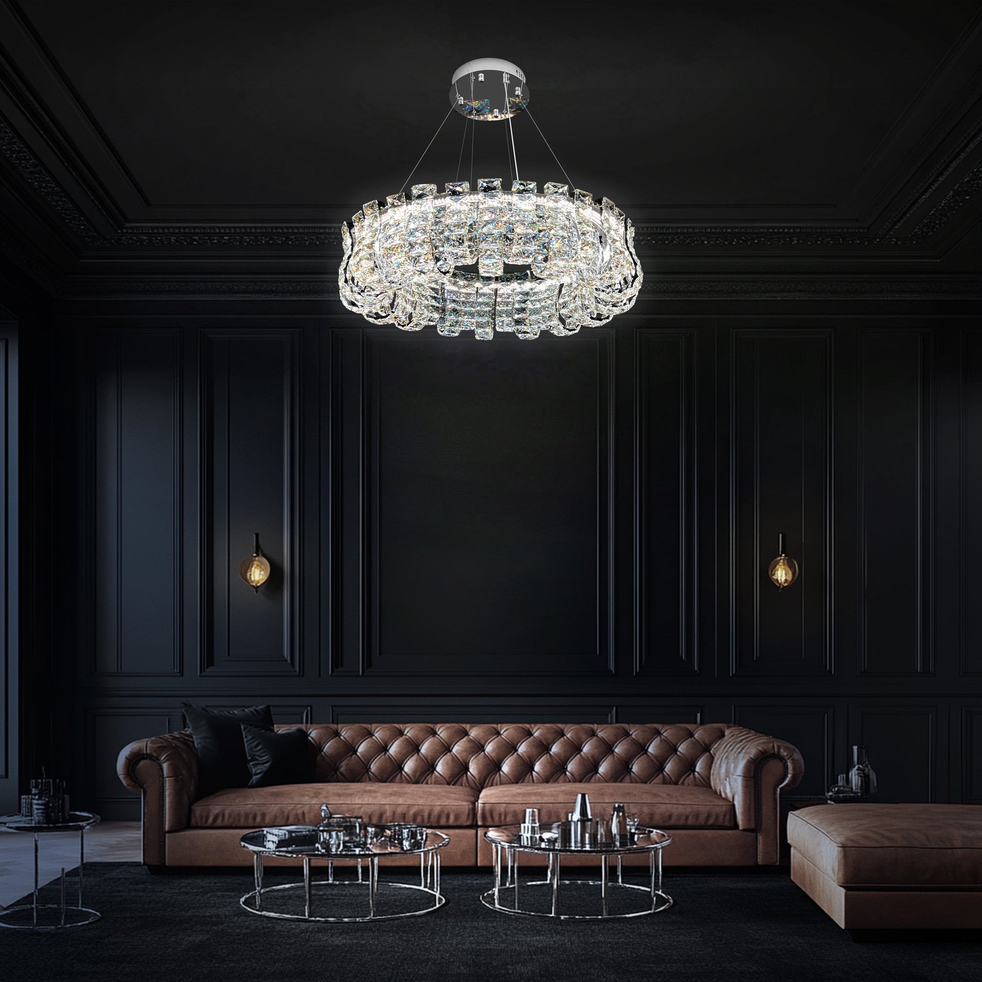 Luxury modern round chrome crystal chandelier suspended from ceiling, featuring high end K9 crystals and warm LED lighting in an elegant interior.
