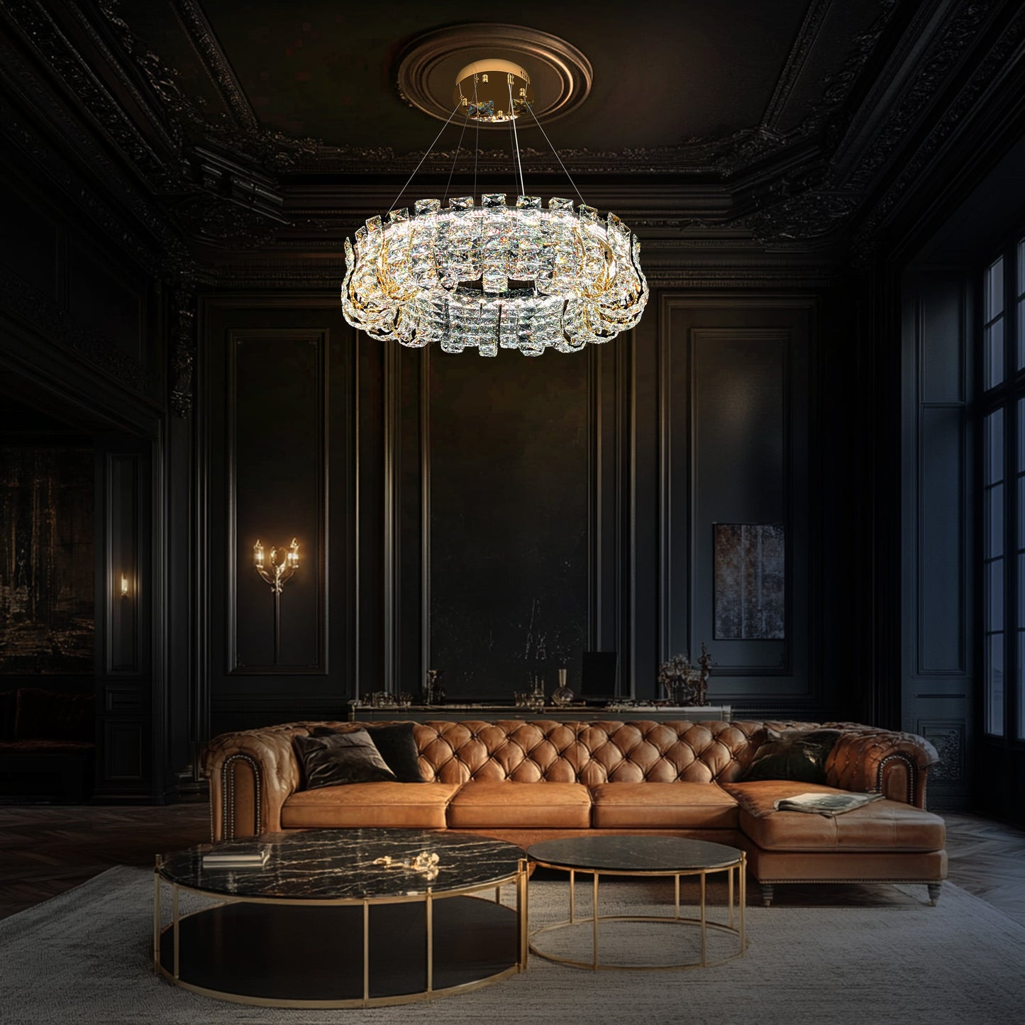 Luxury modern round gold crystal chandelier suspended from ceiling, featuring high end K9 crystals and warm LED lighting in an elegant interior.