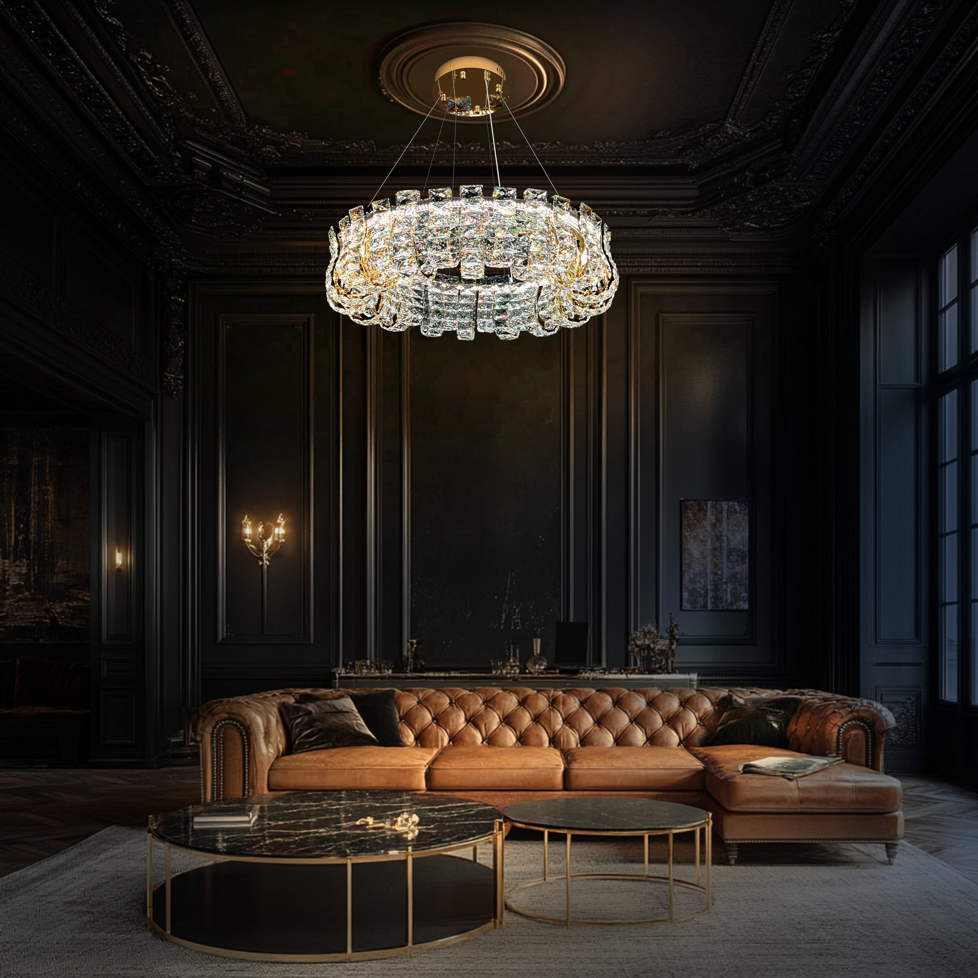 Luxury modern round gold crystal chandelier suspended from ceiling, featuring high end K9 crystals and warm LED lighting in an elegant interior.