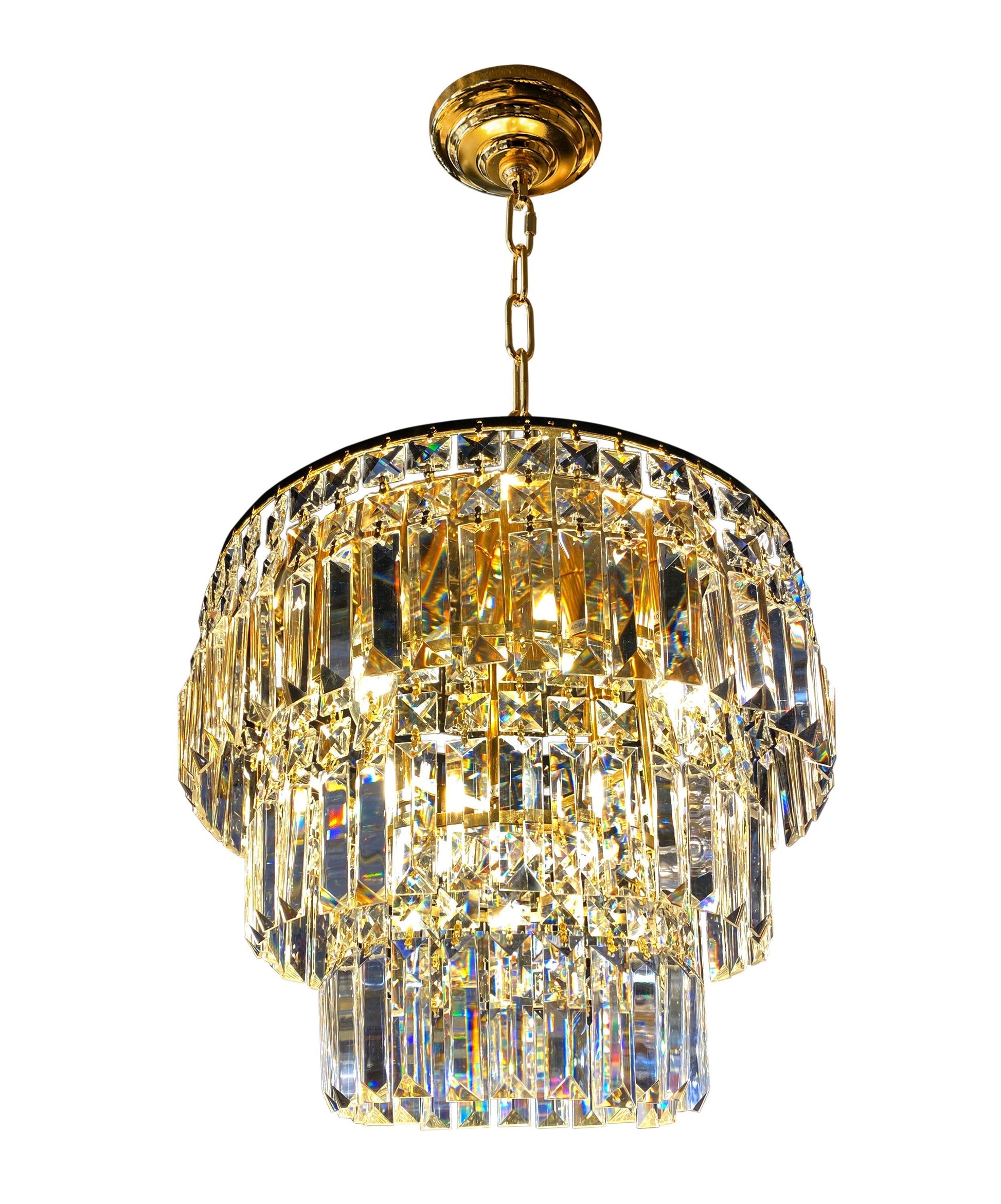 Compact gold crystal chandelier with layered glass prisms