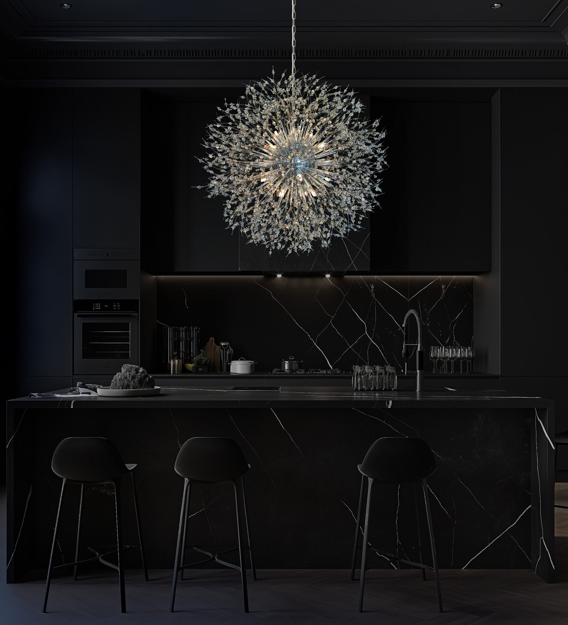 Modern dimmable starburst chandelier with precision-cut crystals