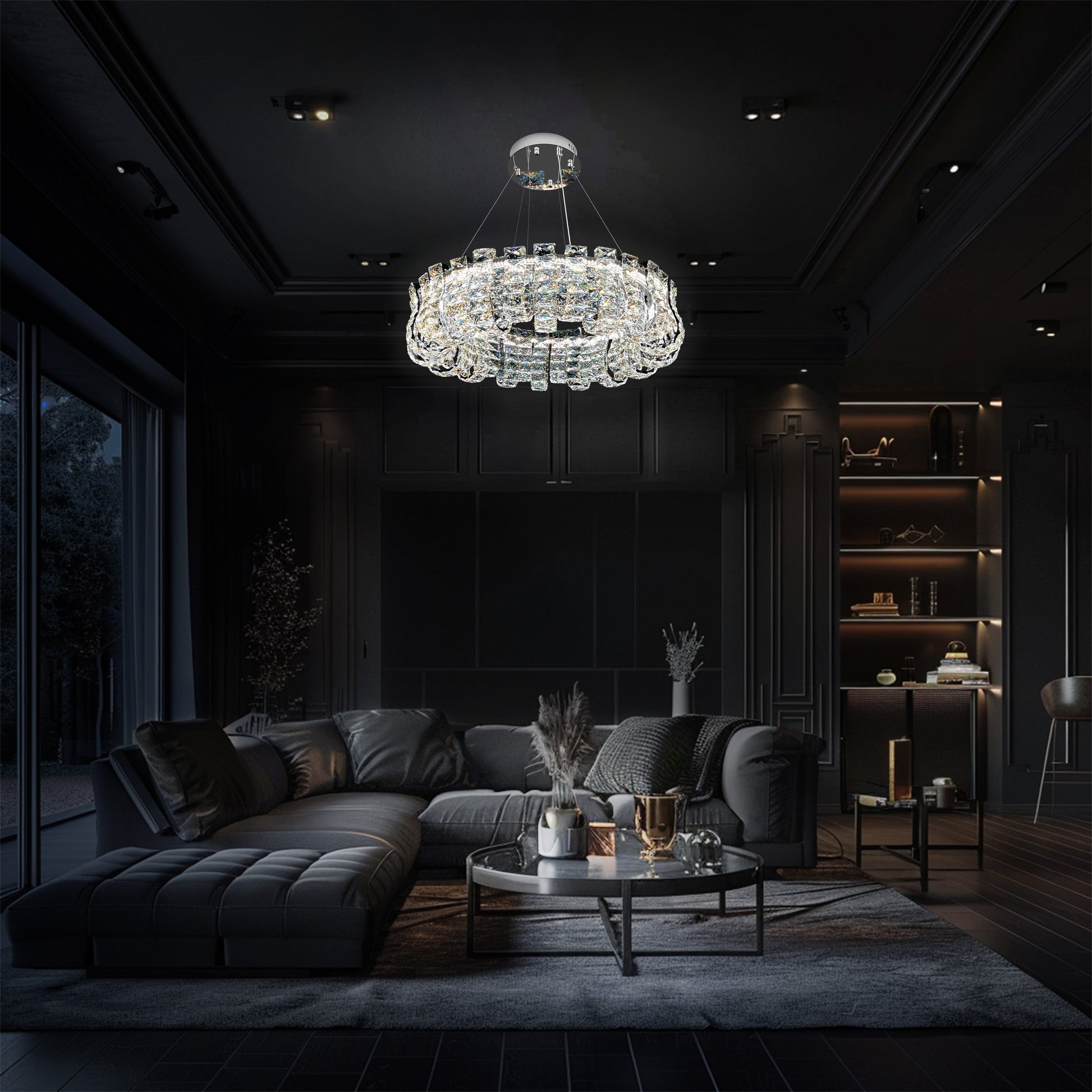 Modern round chrome dimmable crystal chandelier hanging in a luxury interior, showcasing elegant crystal details and warm LED lighting.