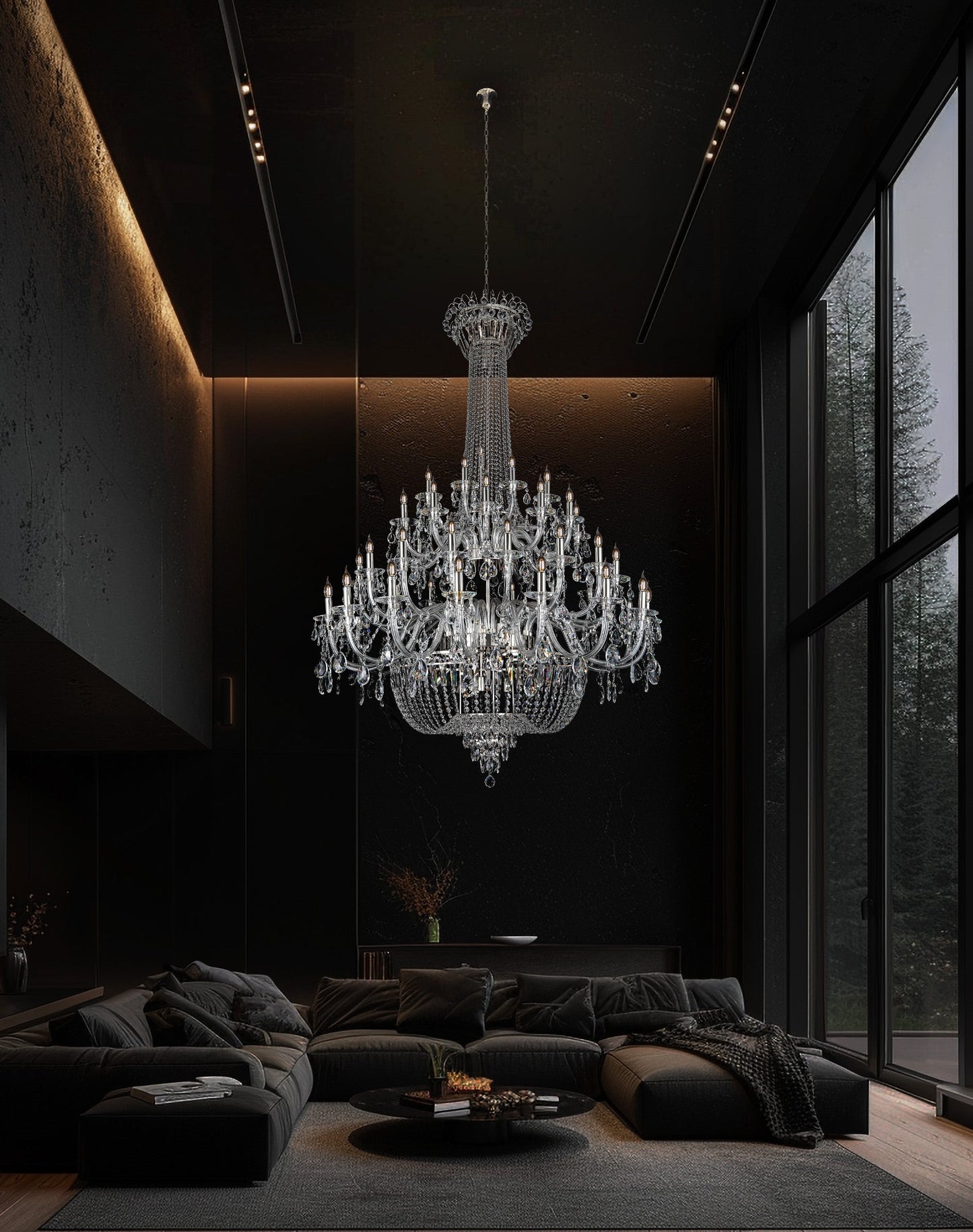 Modern chrome empire chandelier enhancing a high-ceiling foyer with elegant lighting