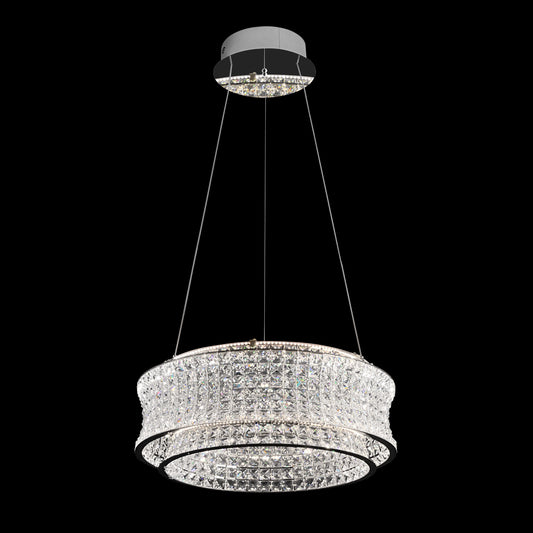 Modern crystal chrome LED chandelier with a 24-inch round double ring design, adjustable height and dimmable lighting with remote control.