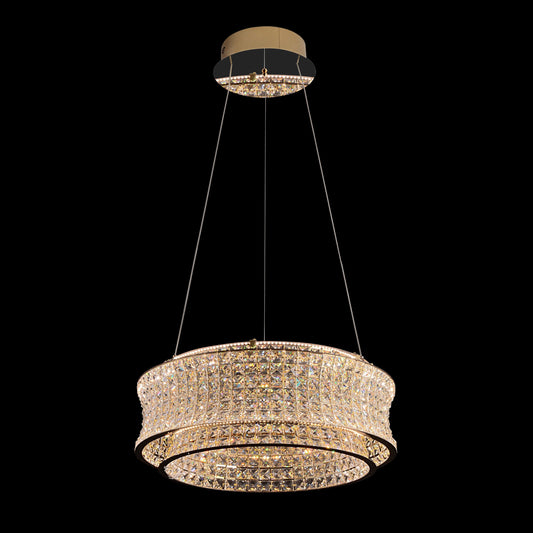 A luxurious modern crystal LED chandelier with a gold finish, featuring adjustable height and dimmable LED lighting with a remote control.