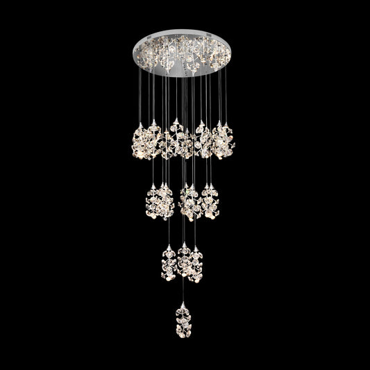 Modern crystal LED cascading chandelier with chrome finish and 23 hanging crystal clusters