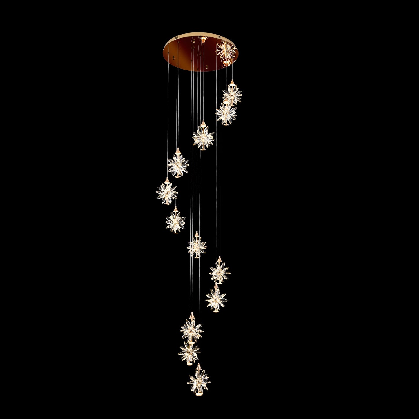 Chandelier with star-shaped crystals on a black background