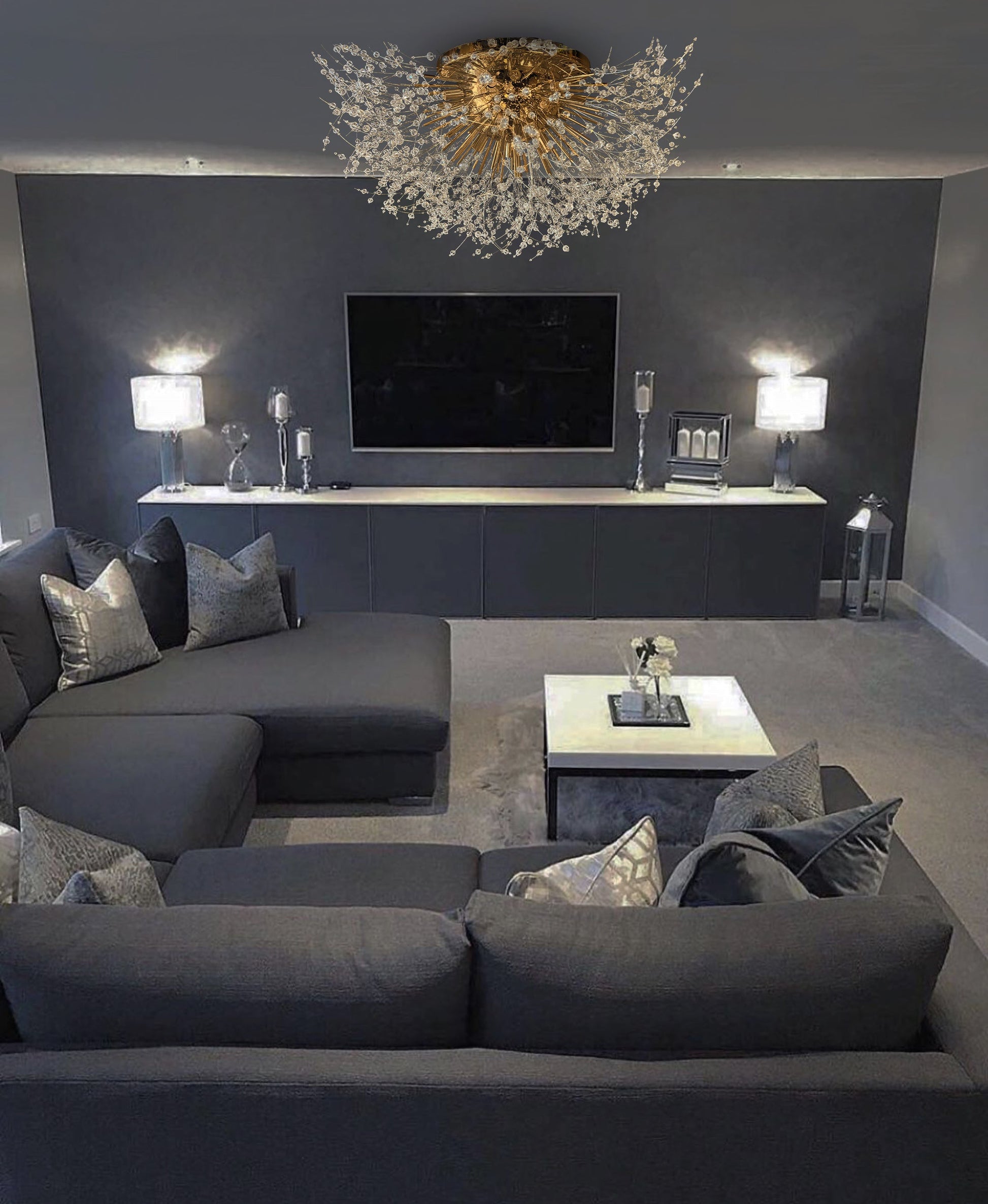 	Modern gold ceiling light with precision-cut crystal branches for living room