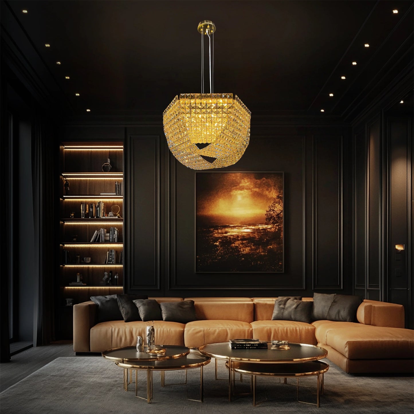 Elegant 15-light crystal chandelier illuminating a contemporary luxury living room.