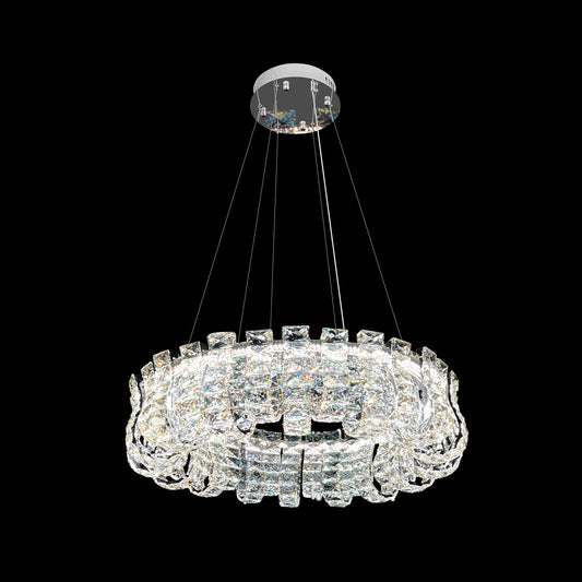 Modern round chrome crystal LED chandelier with adjustable hanging wires and dimmable lighting, displayed on a black background.