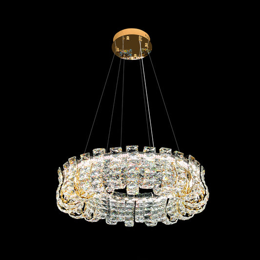 Modern round gold crystal LED chandelier with adjustable hanging wires and dimmable lighting, displayed on a black background.