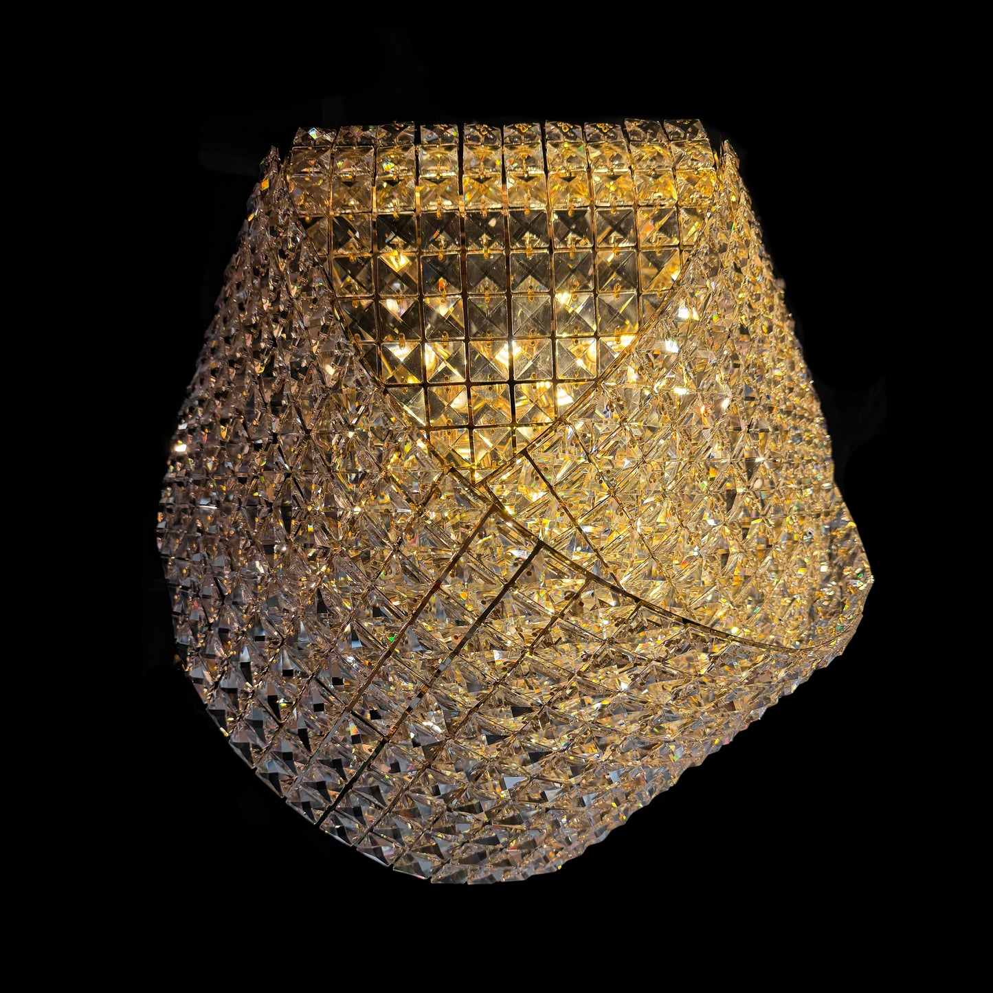  Side angle view of the geometric square crystal chandelier highlighting the stainless steel finish.