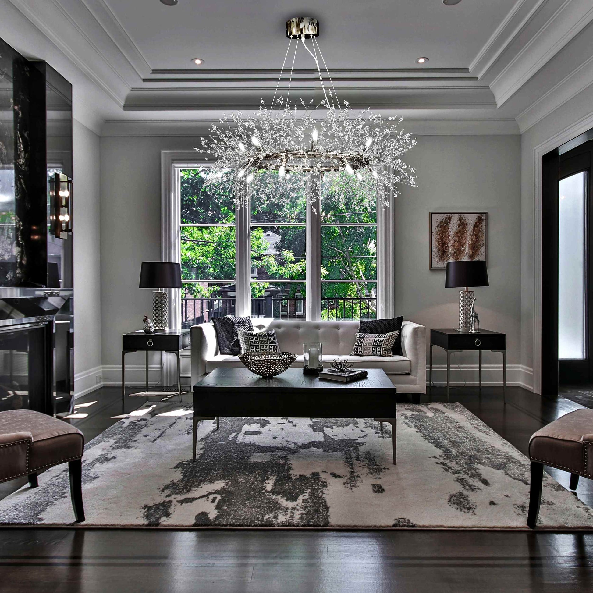 Starburst crystal chandelier illuminating elegant living room