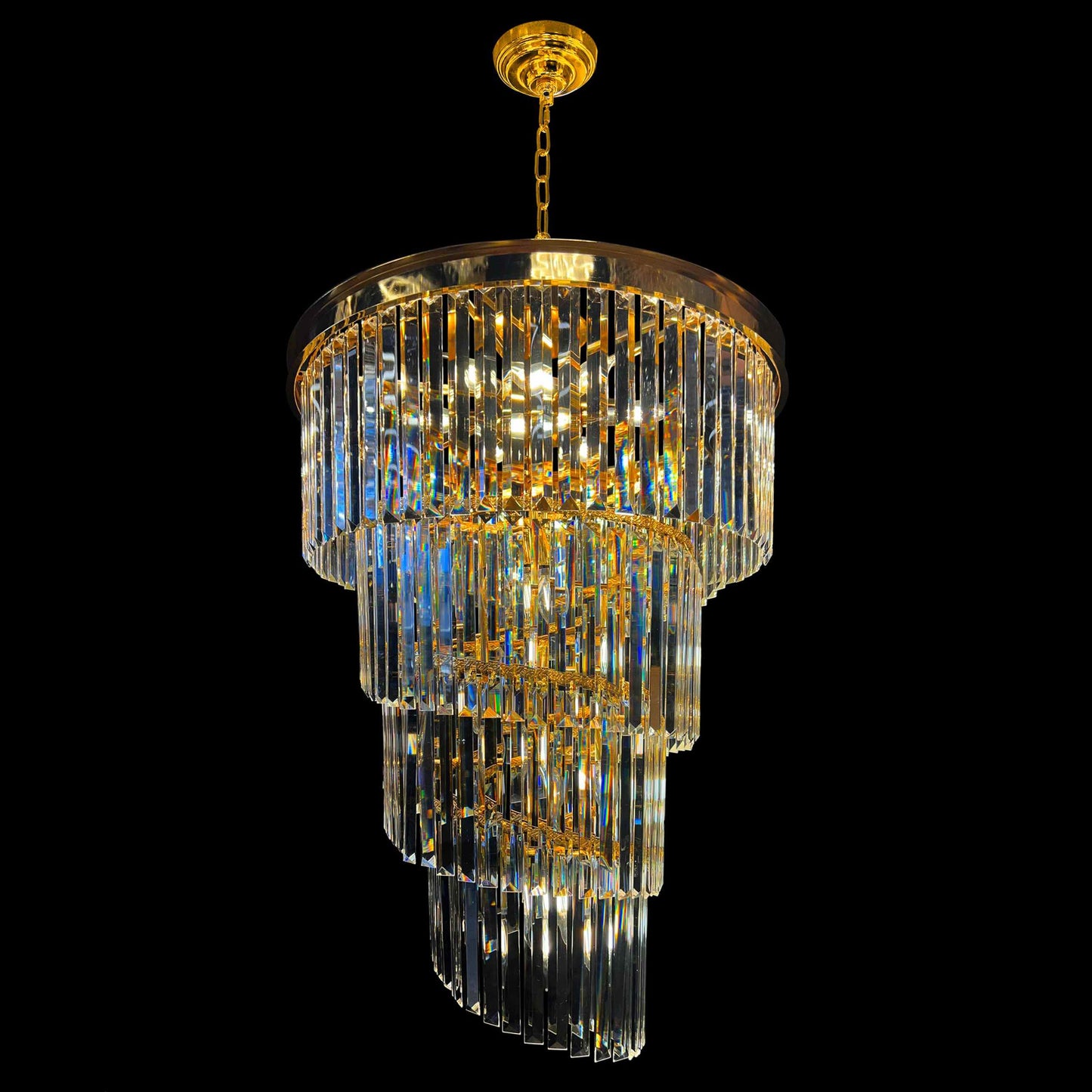 Gold crystal chandelier with cascading prisms