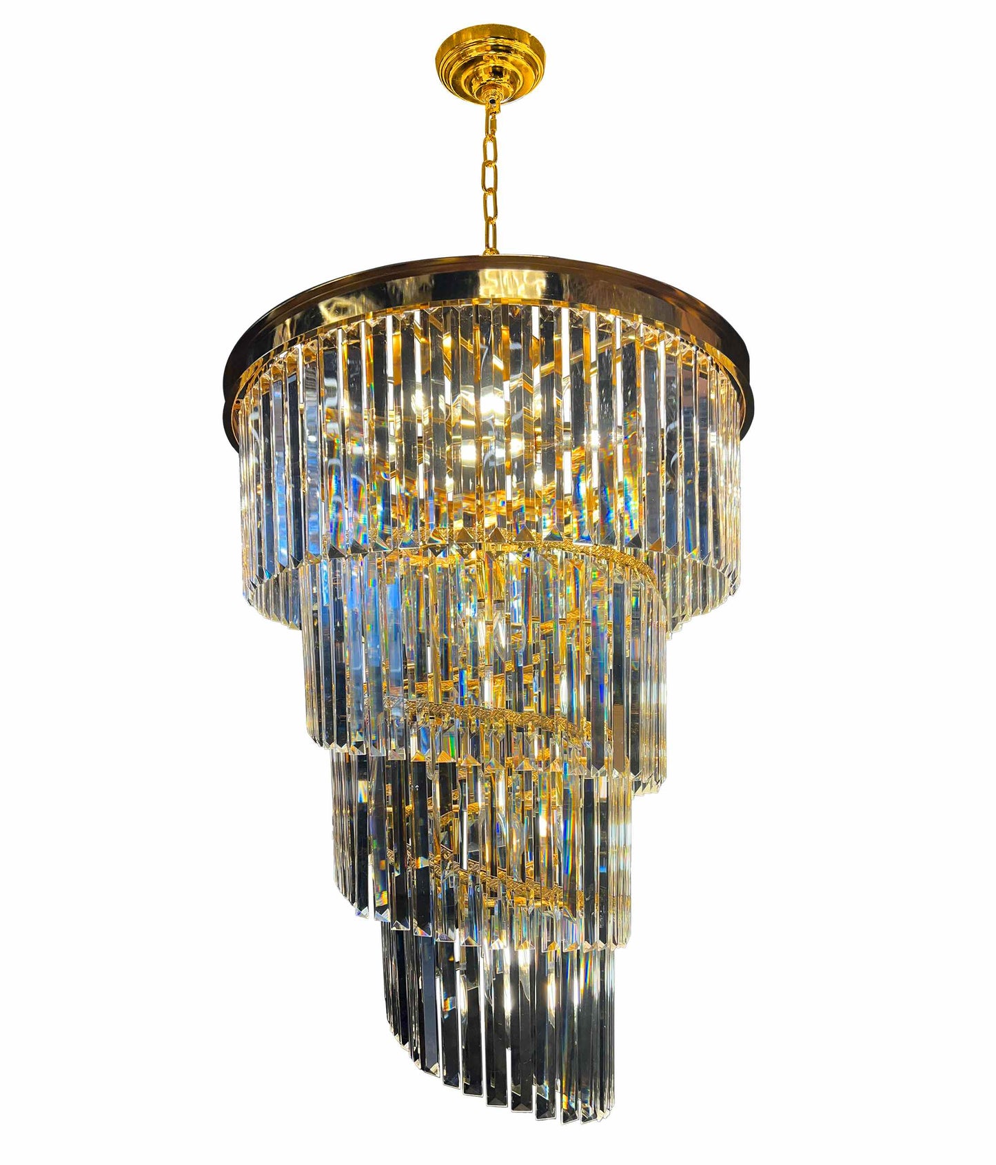 Full height tiered  dimmable gold crystal chandelier