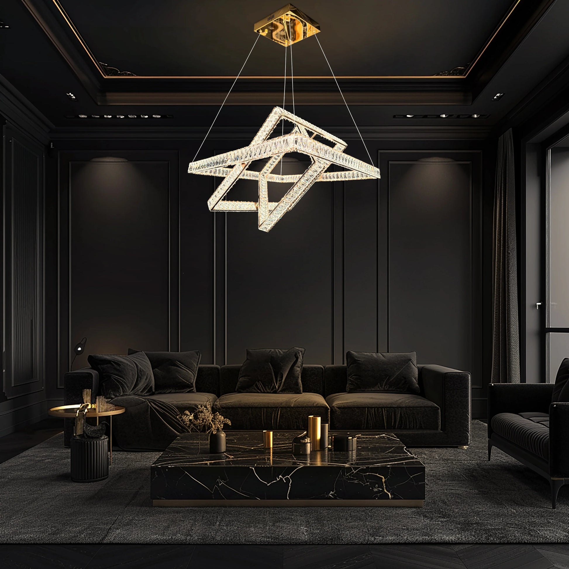 Atmospheric mood lighting created by the modern gold crystal chandelier in a high-end room.