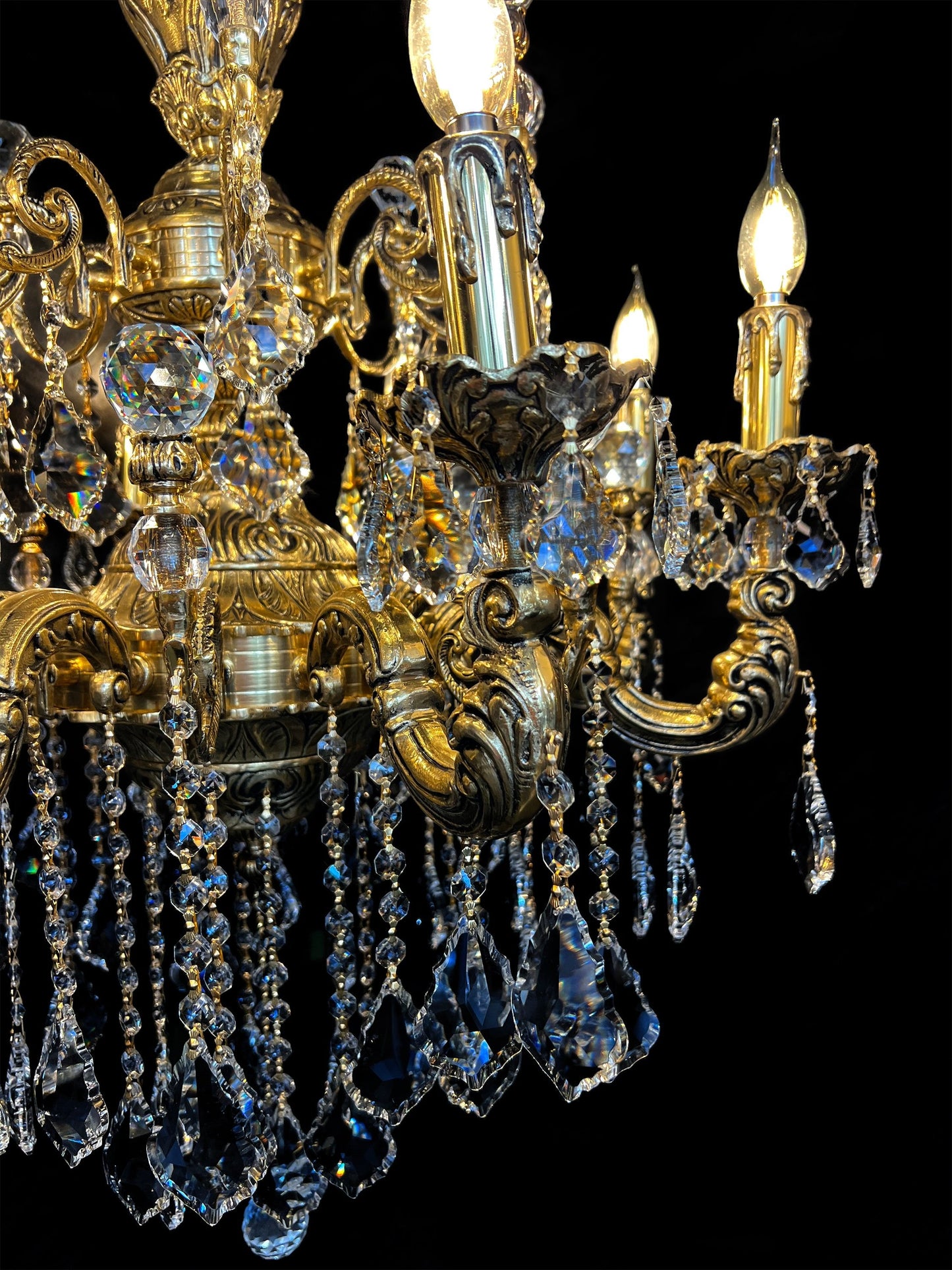 Ornate European Brass Crystal Chandelier Heirloom