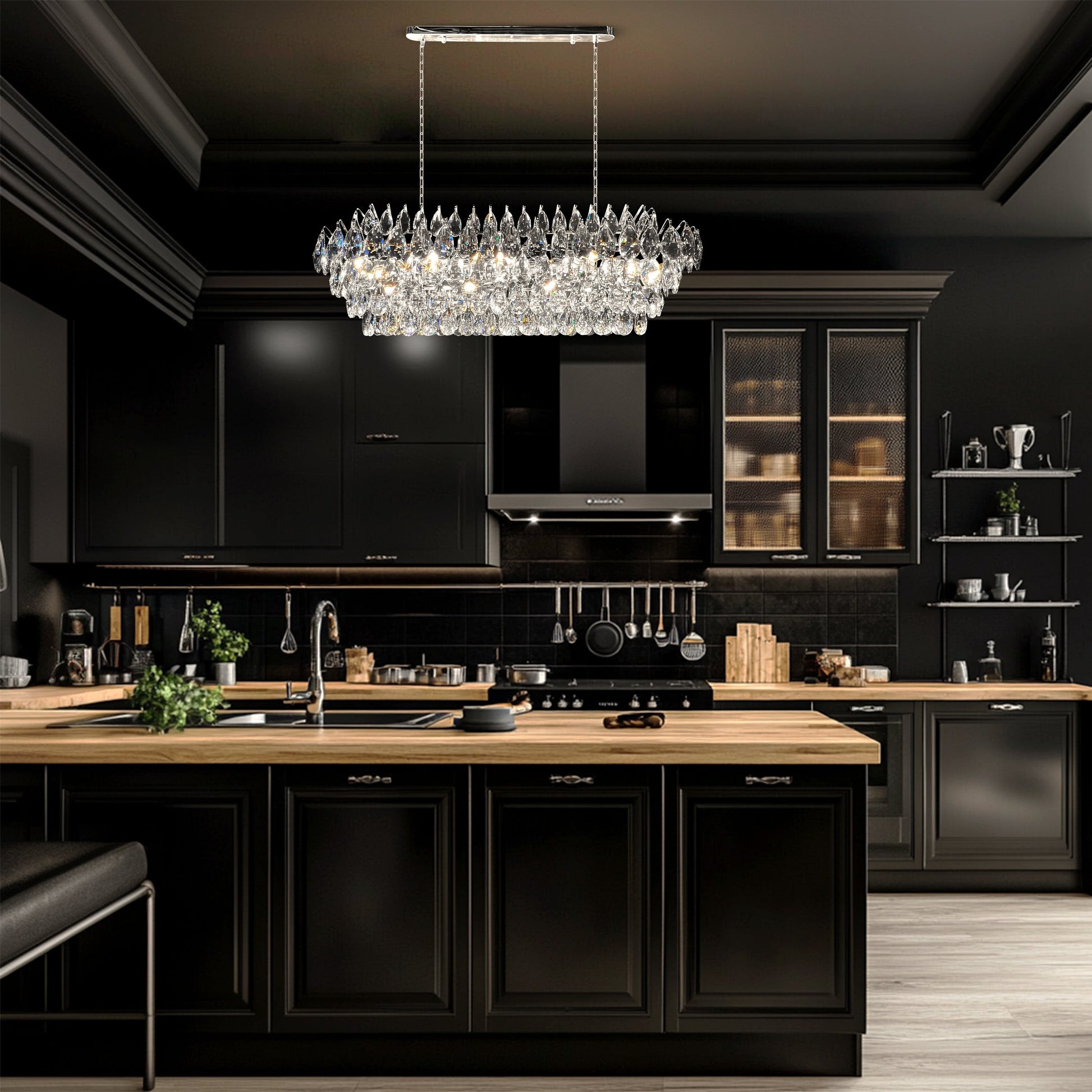 Elegant rectangular crystal chandelier illuminating a modern black kitchen perfect for island lighting.
