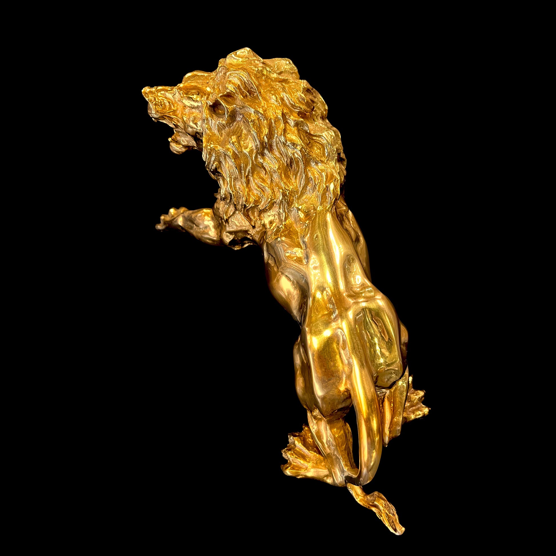Close-up of the  lion back and detailed head  of a handcrafted Italian brass lion