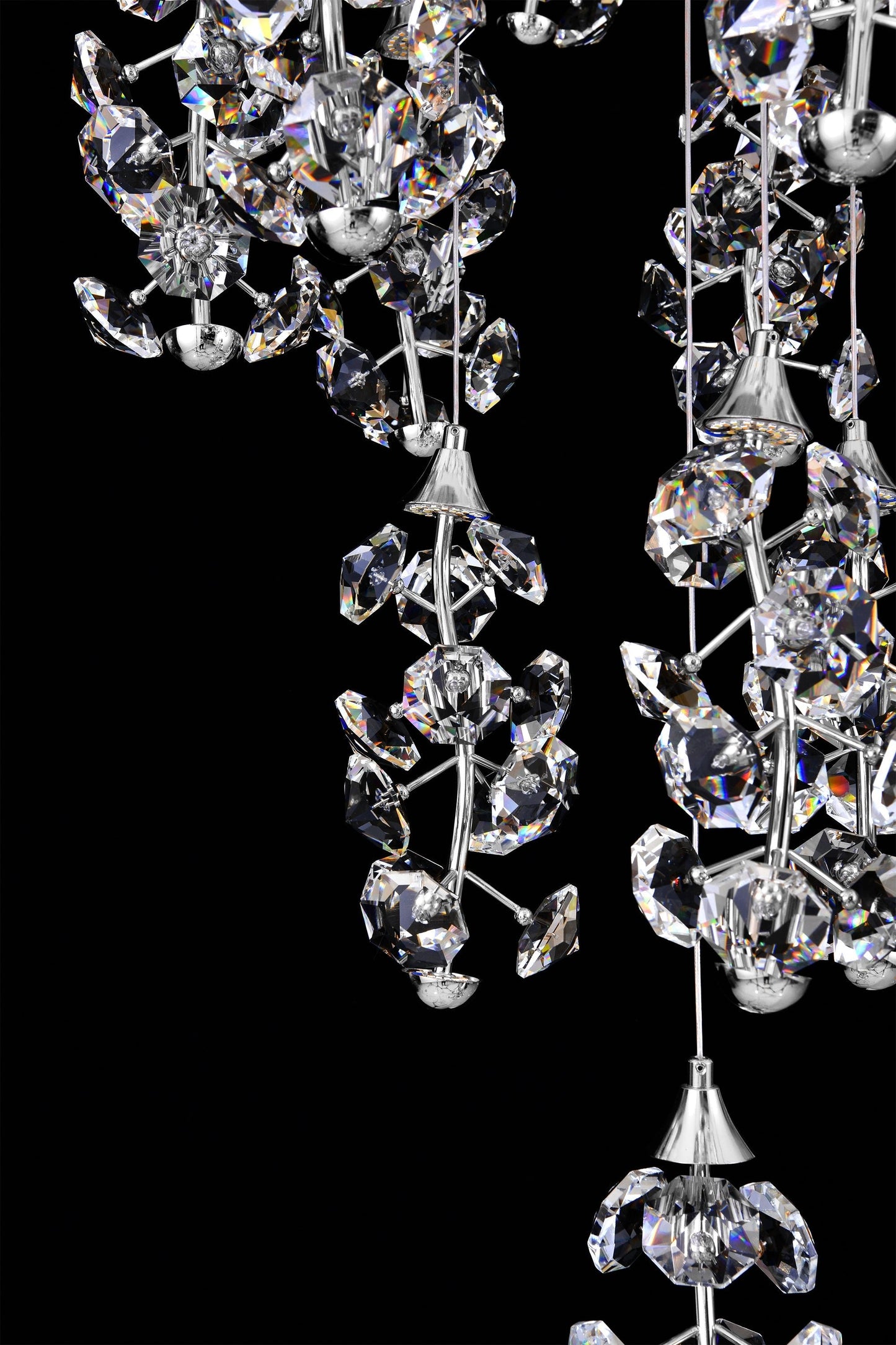 Side view showing precision cut crystals on cascading LED chandelier