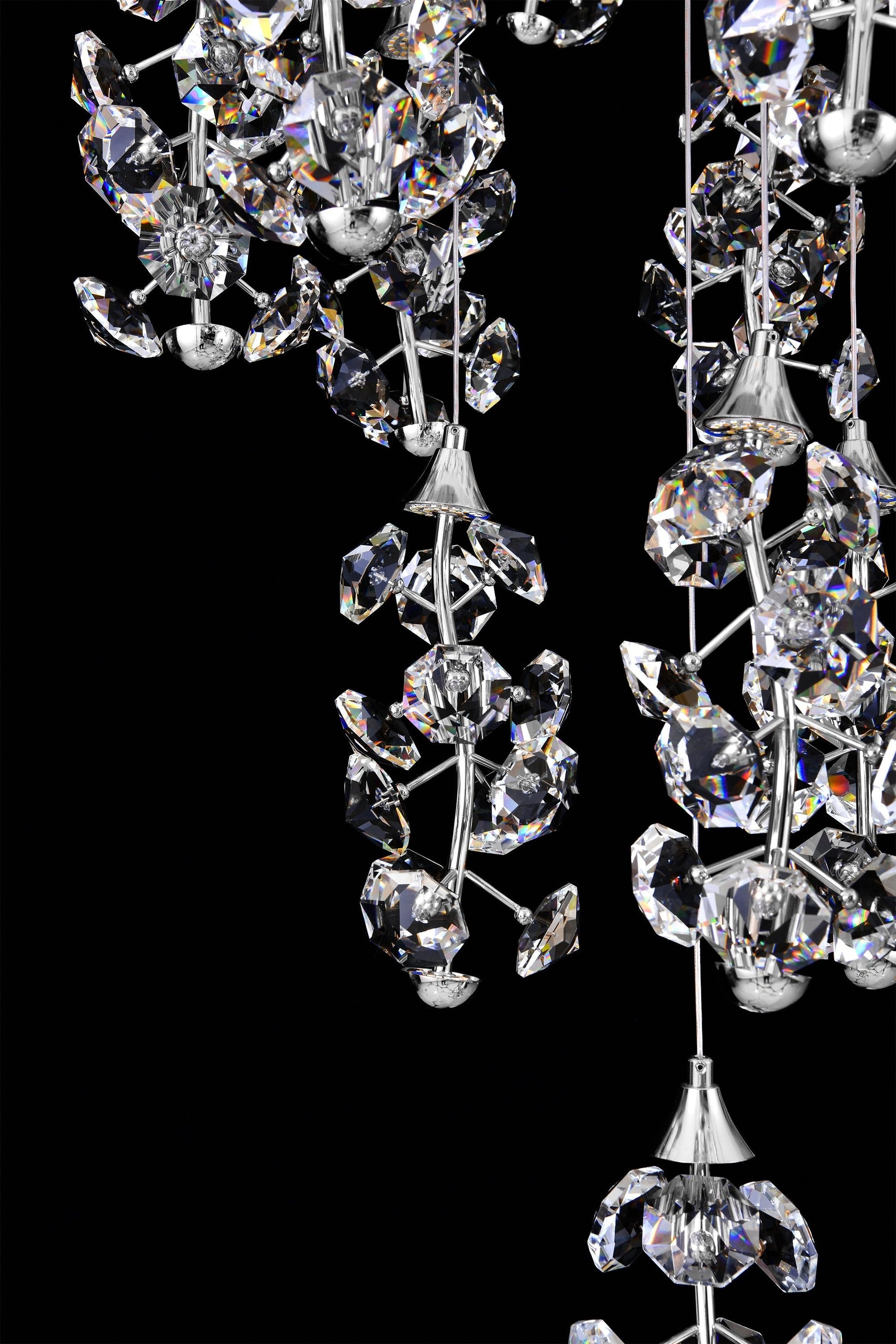 Side view showing precision cut crystals on cascading LED chandelier