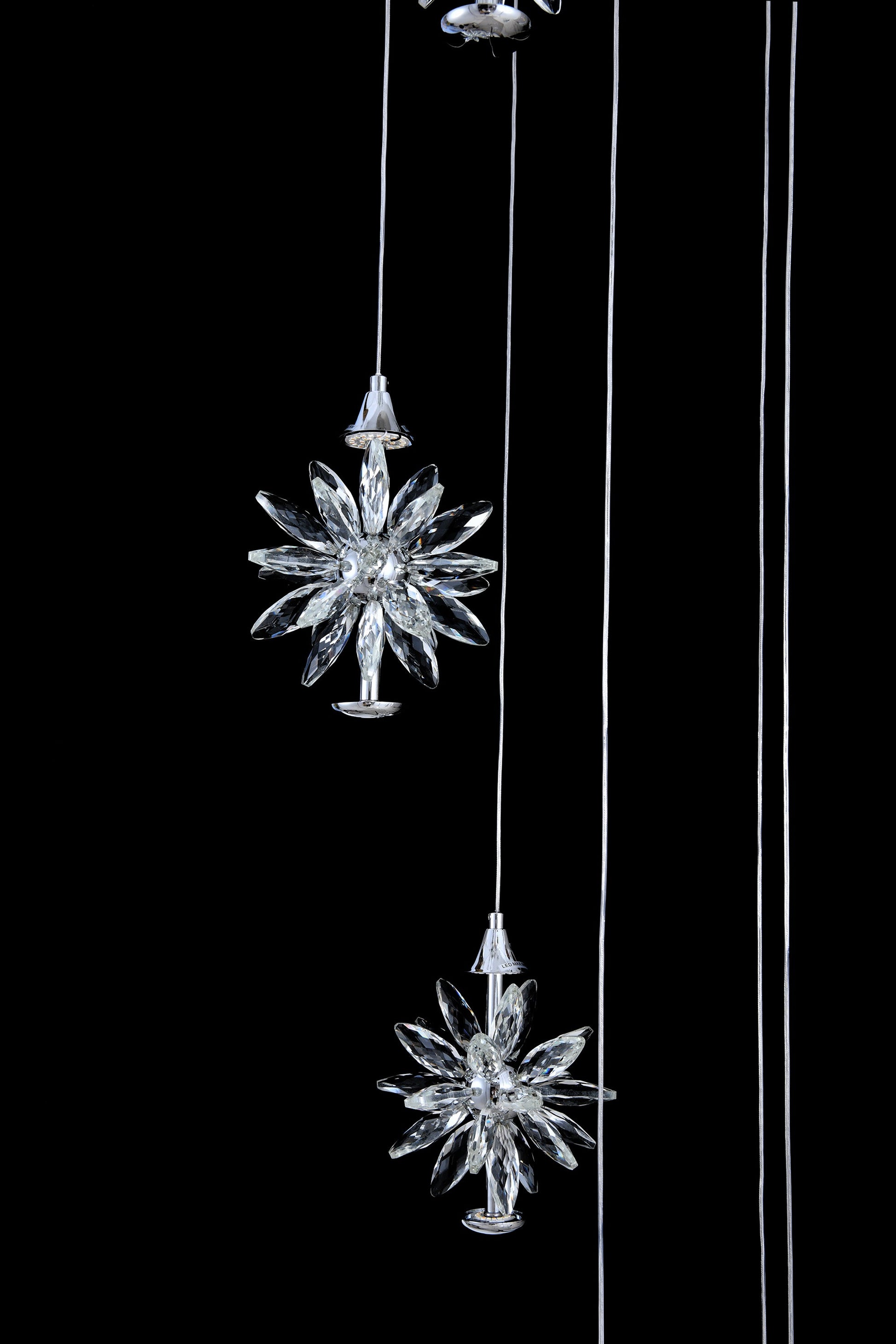 Side view showing precision-cut crystals on spiral  LED chandelier